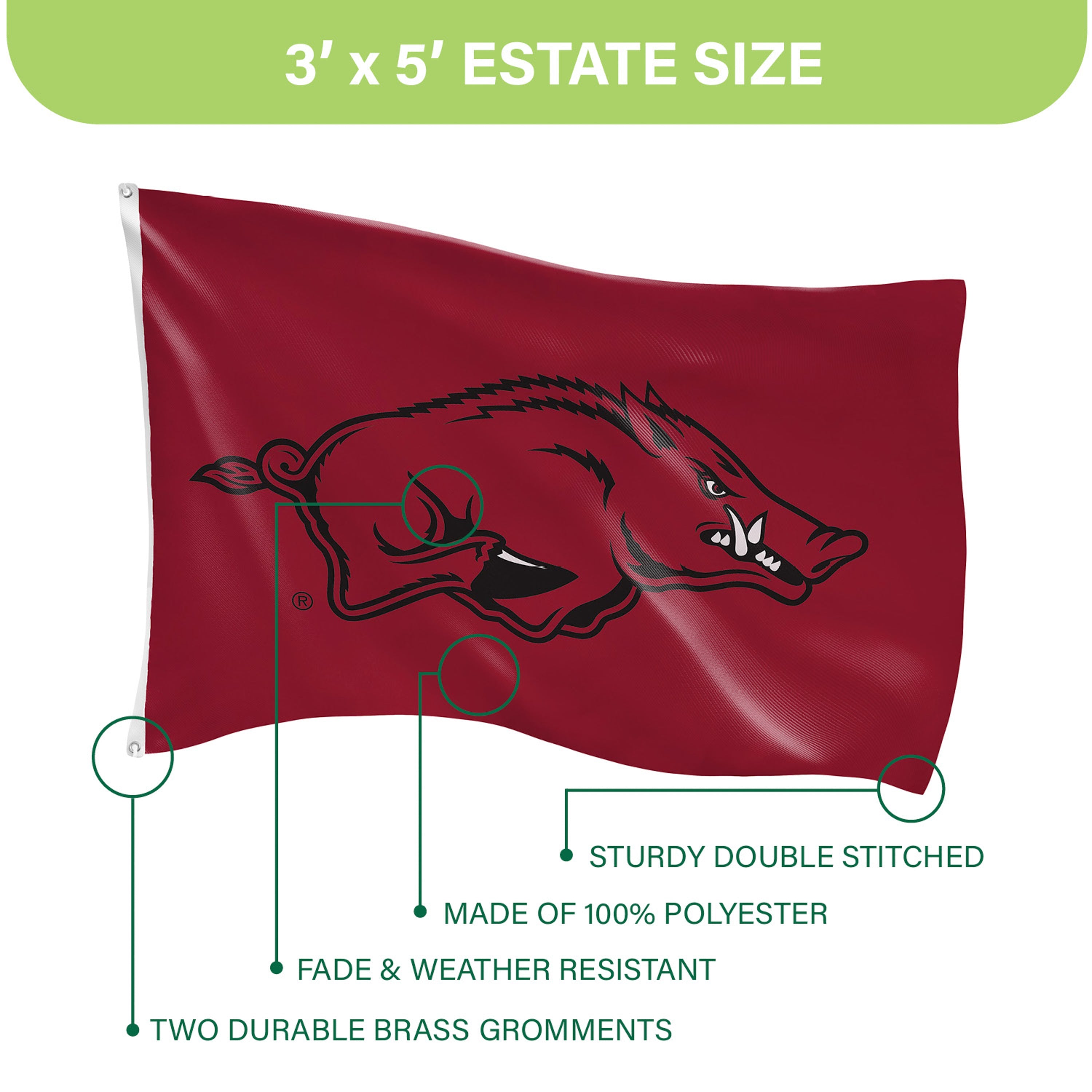 University of Arkansas Single Sided Estate Flag with 2 Grommets, 3'x5' - Sports Gifts, Sports Memorabilia, Sports Collectibles, Fan Shop