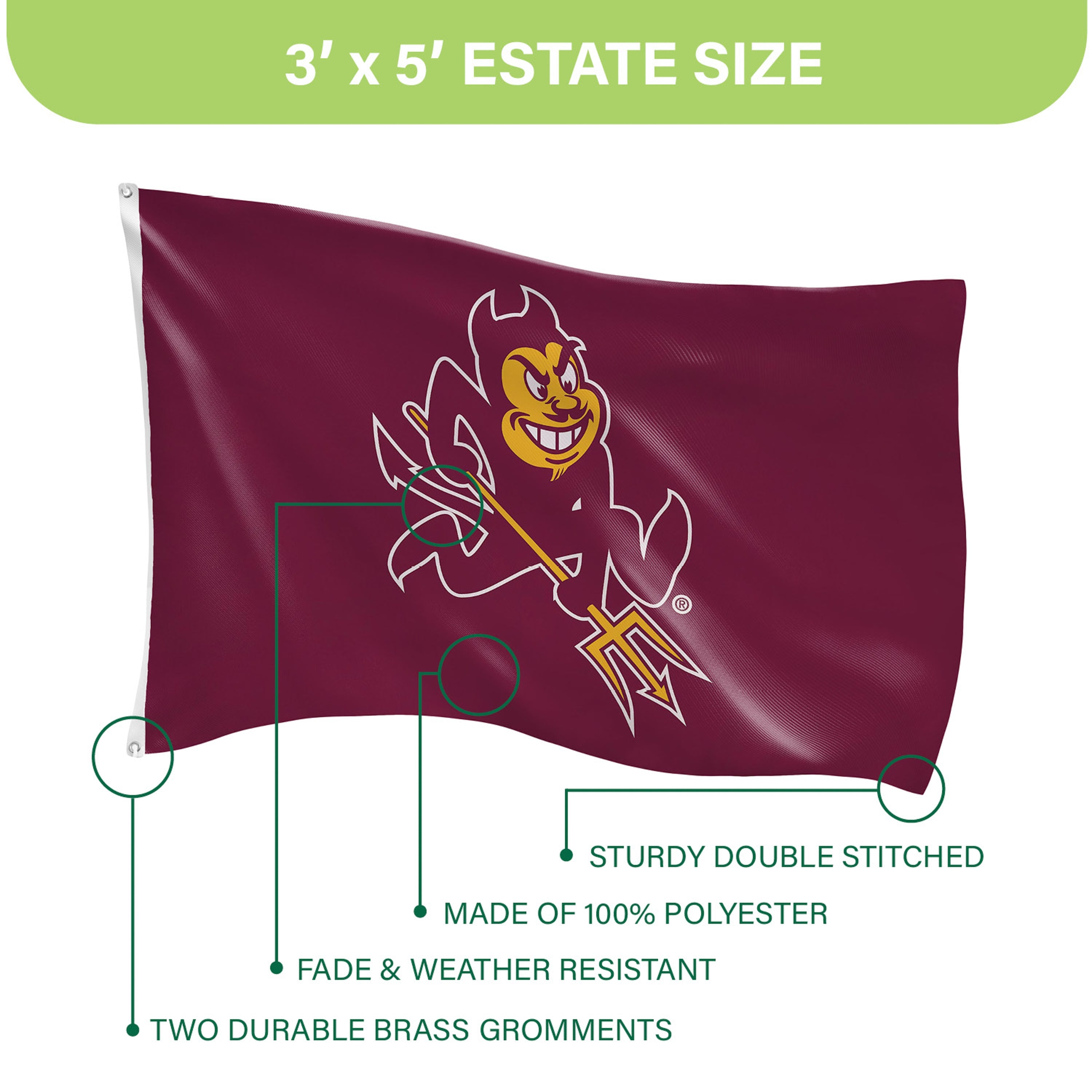 3'x5' Single Sided Flag w/ 2 Grommets, Arizona State University - Sports Gifts, Sports Memorabilia, Sports Collectibles, Fan Shop