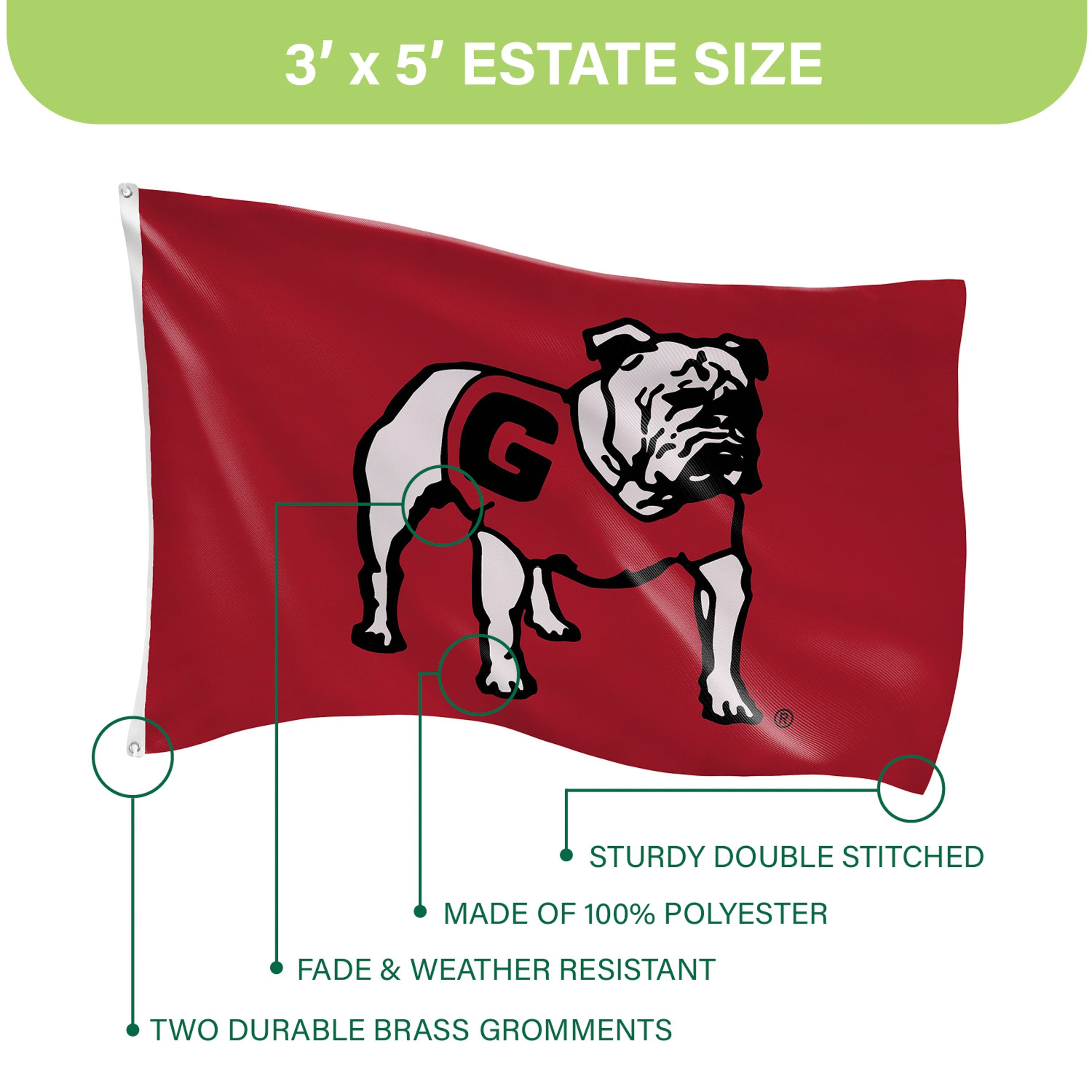 University of Georgia Single Sided Estate Flag with 2 Grommets, 3'x5' - Sports Gifts, Sports Memorabilia, Sports Collectibles, Fan Shop
