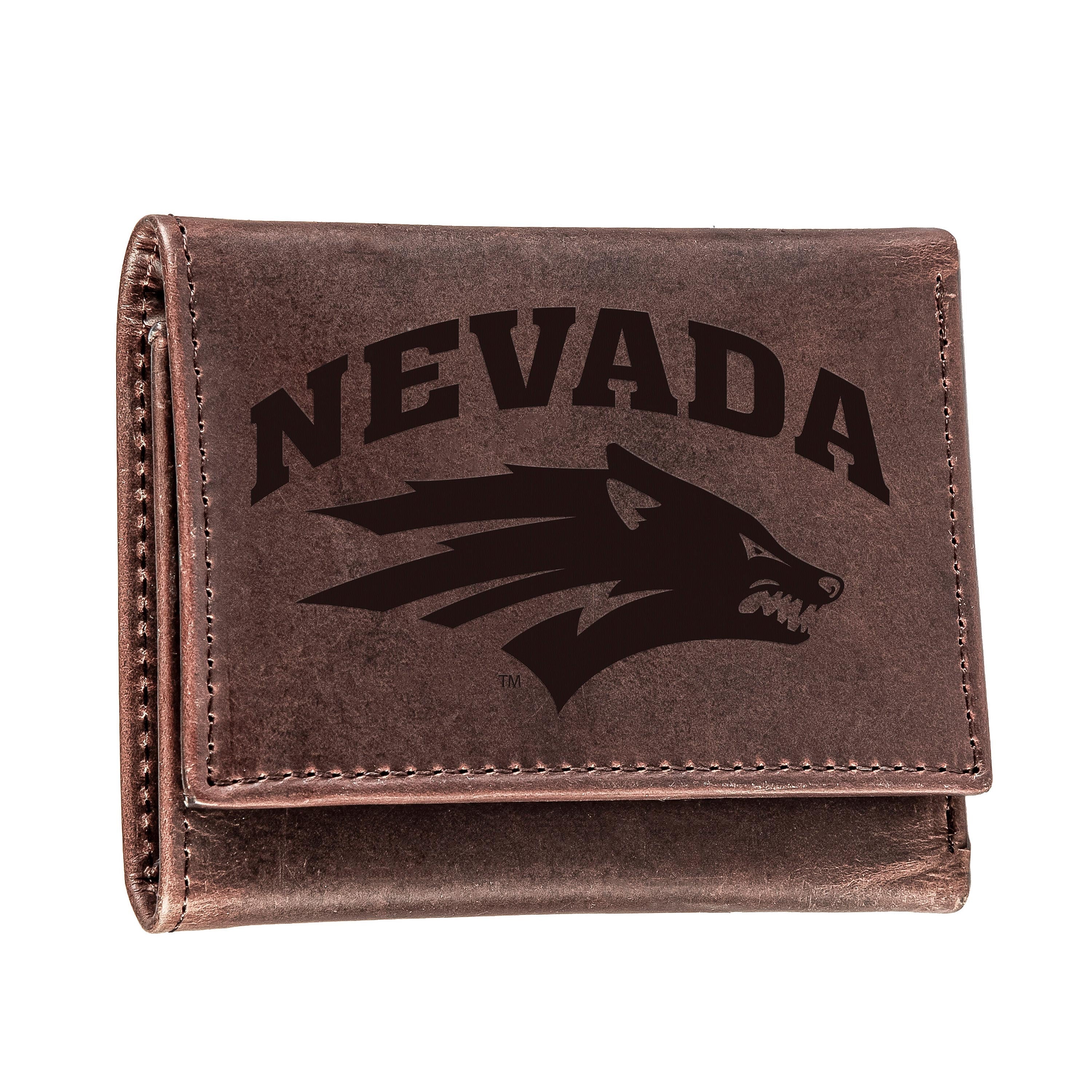 University of Nevada, Reno, Tri-Fold Wallet, Brown, CH, 100% Genuine Leather - Sports Collectibles, Sports Memorabilia, Sports Fan Shop, Sports Gifts