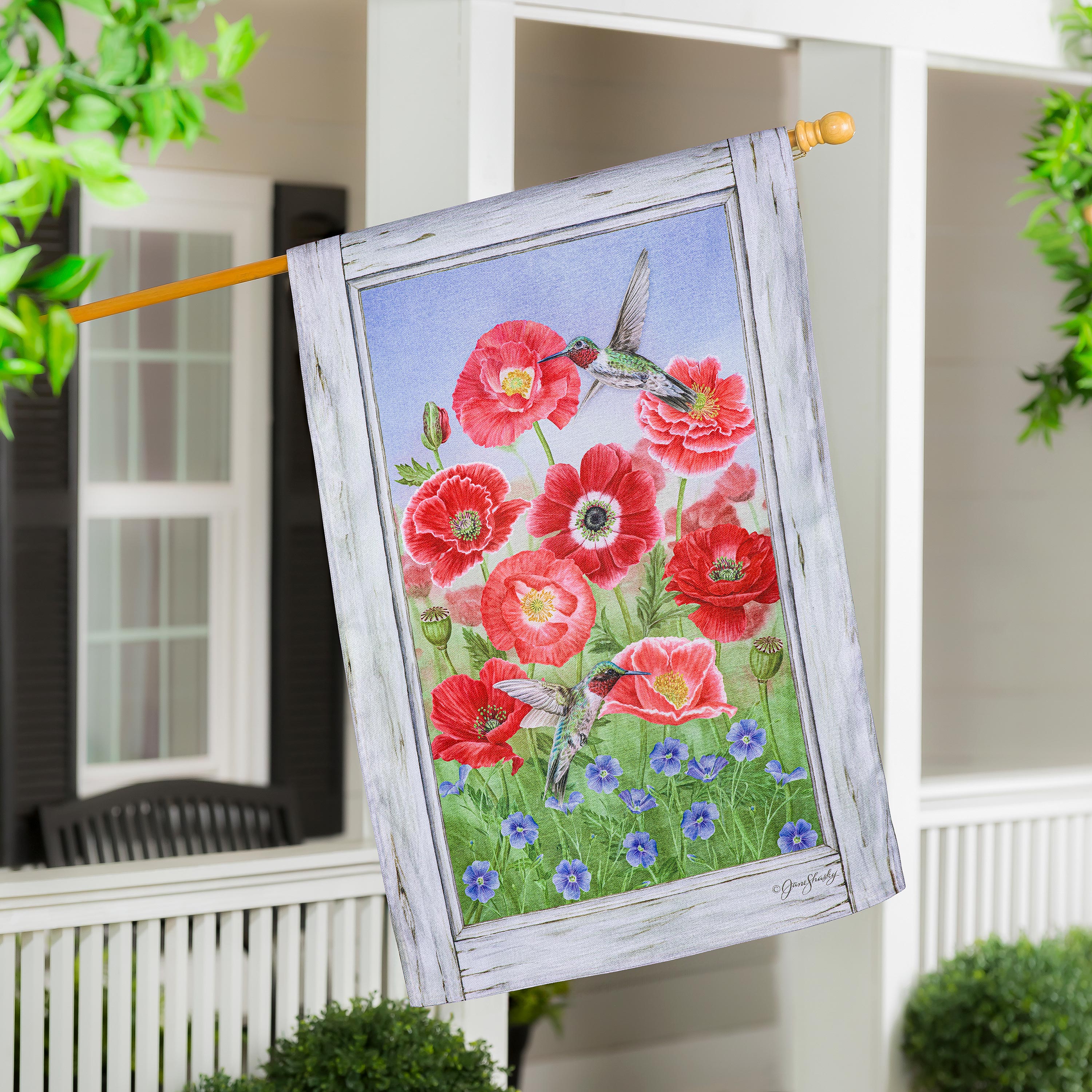 Poppy's and Hummingbirds Burlap House Flag - Sports Collectibles, Sports Memorabilia, Sports Fan Shop, Sports Gifts