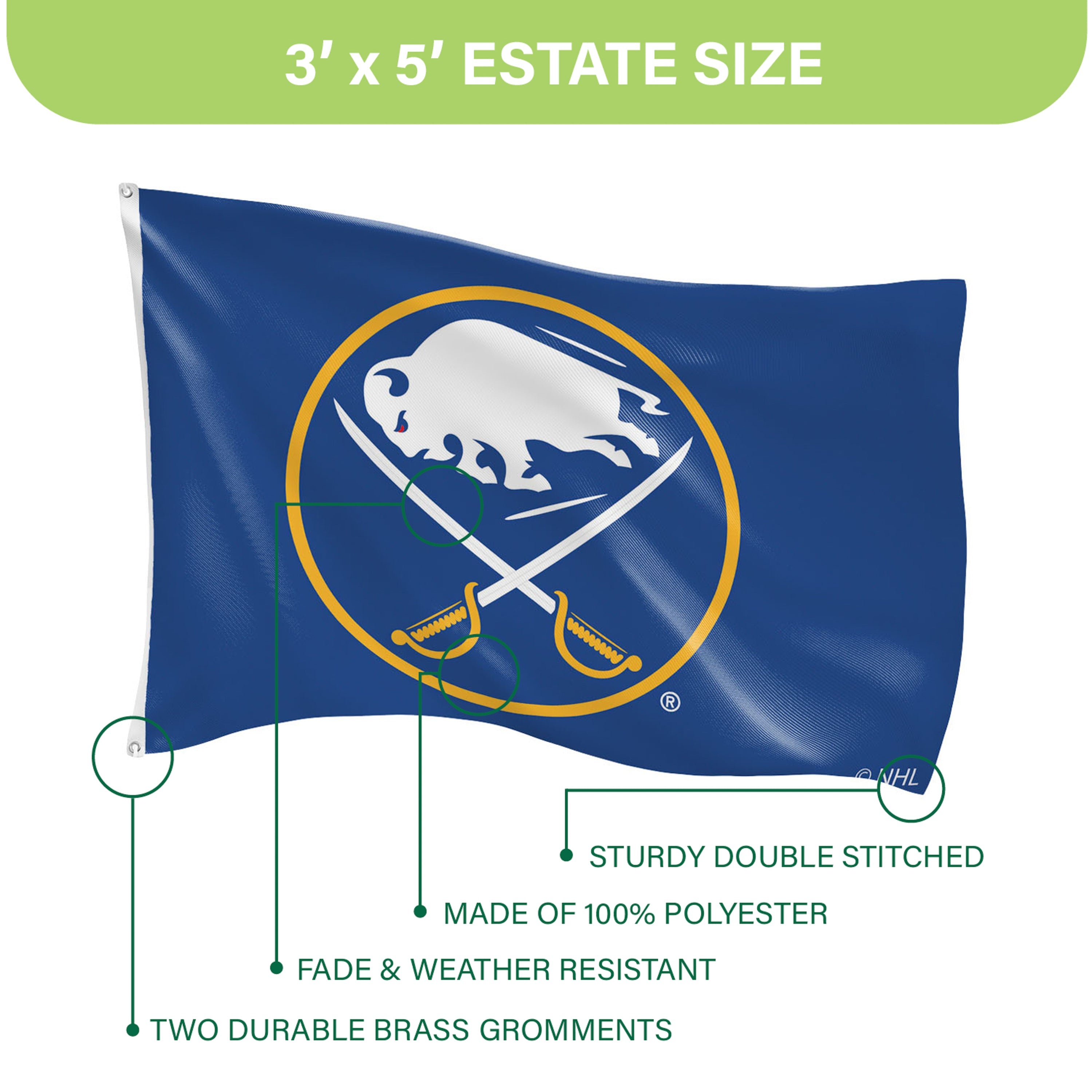 Buffalo Sabres Single Sided Flag w/ 2 Grommets, 3'x5' - Sports Gifts, Sports Memorabilia, Sports Collectibles, Fan Shop