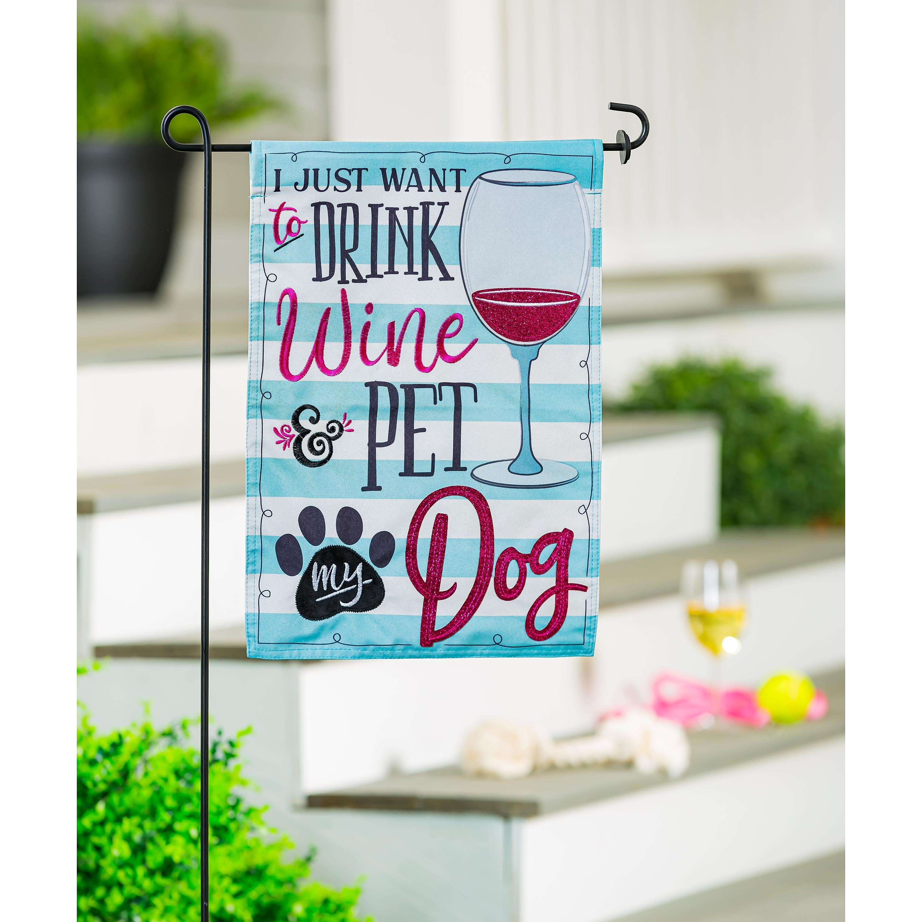 Wine and Pet My Dog Garden Linen Flag - Sports Collectibles, Sports Memorabilia, Sports Fan Shop, Sports Gifts