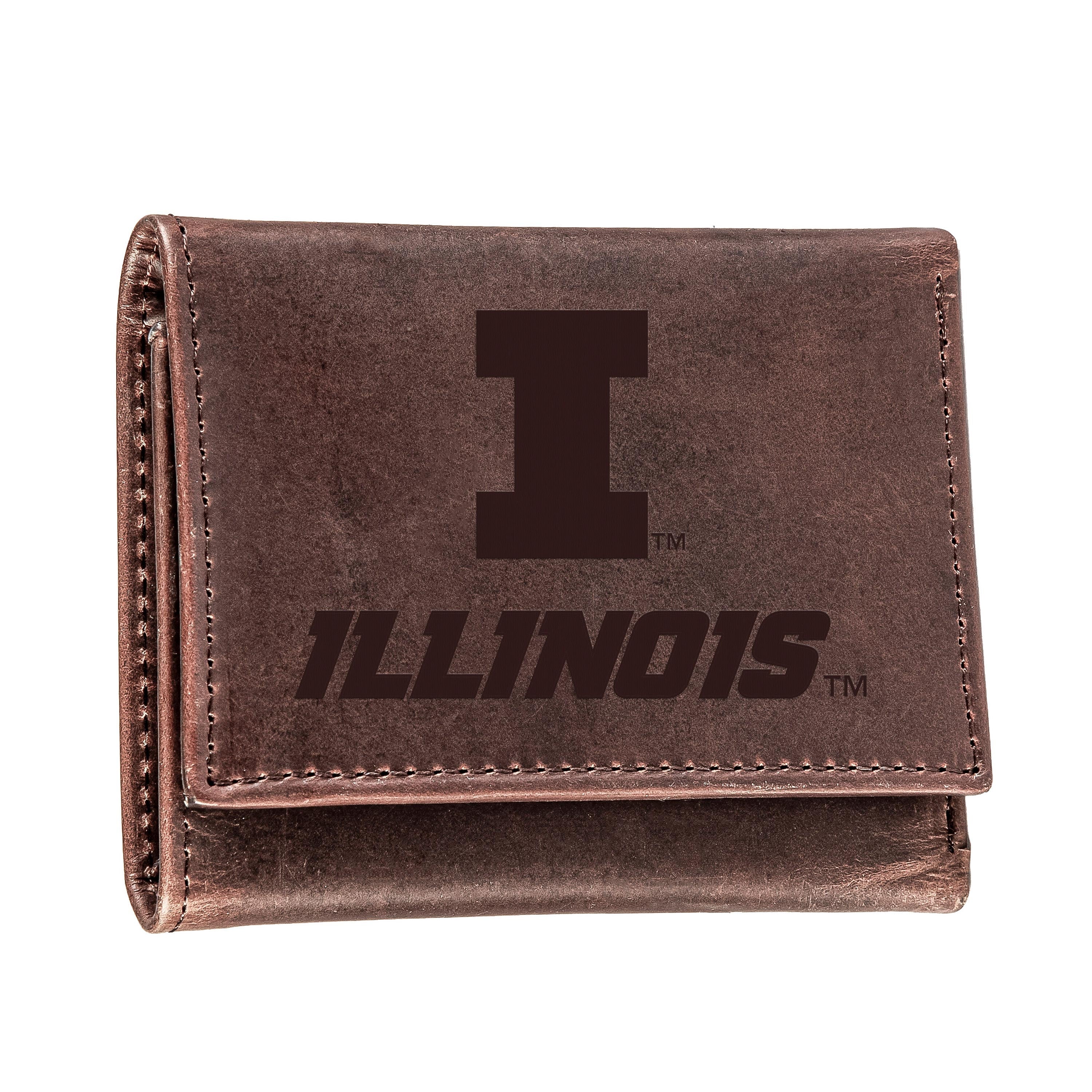 University of Illinois, Tri-Fold Wallet, Brown, CH, 100% Genuine Leather - Sports Collectibles, Sports Memorabilia, Sports Fan Shop, Sports Gifts