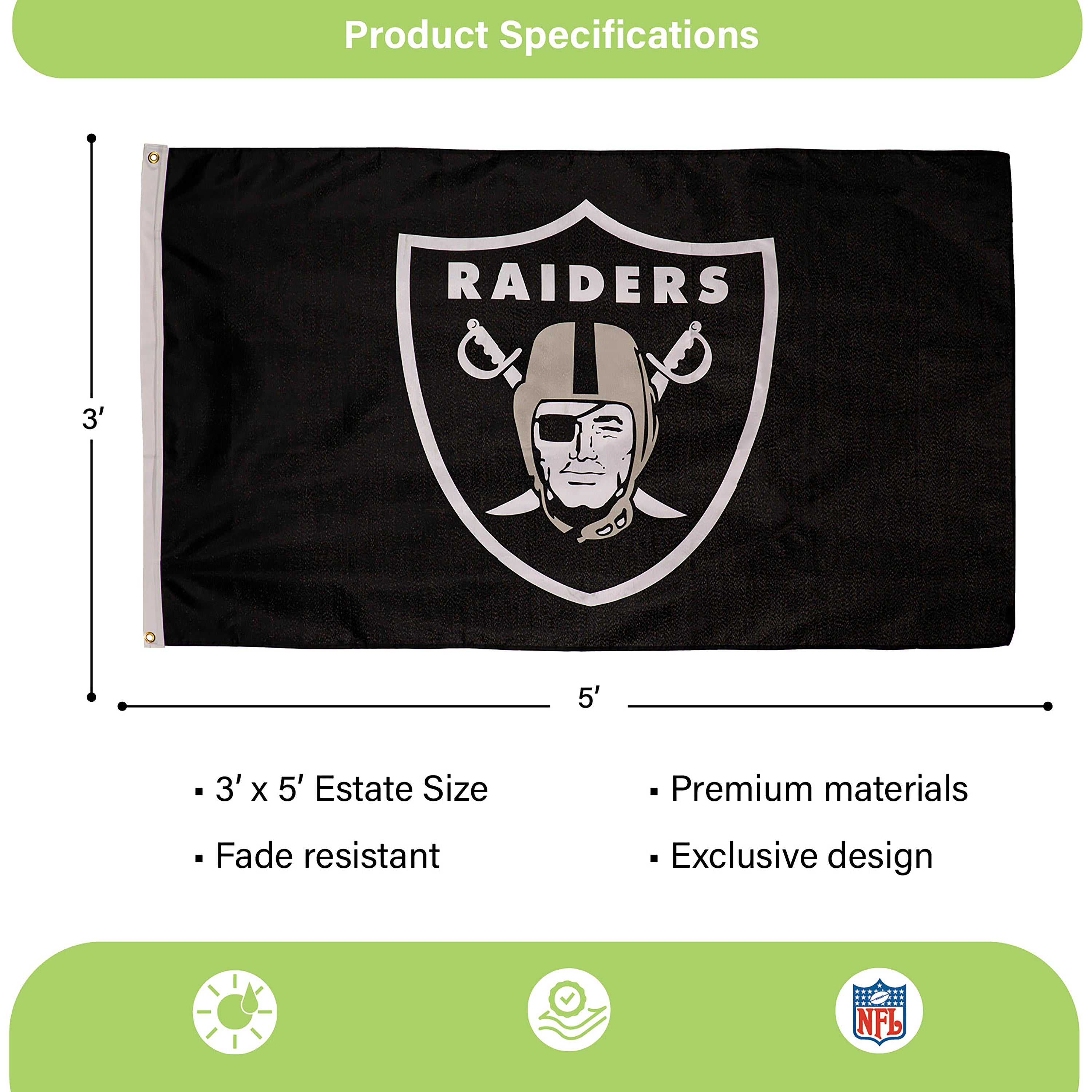Las Vegas Raiders Single Sided Estate Flag with 2 Grommets, 3'x5' - Sports Gifts, Sports Memorabilia, Sports Collectibles, Fan Shop