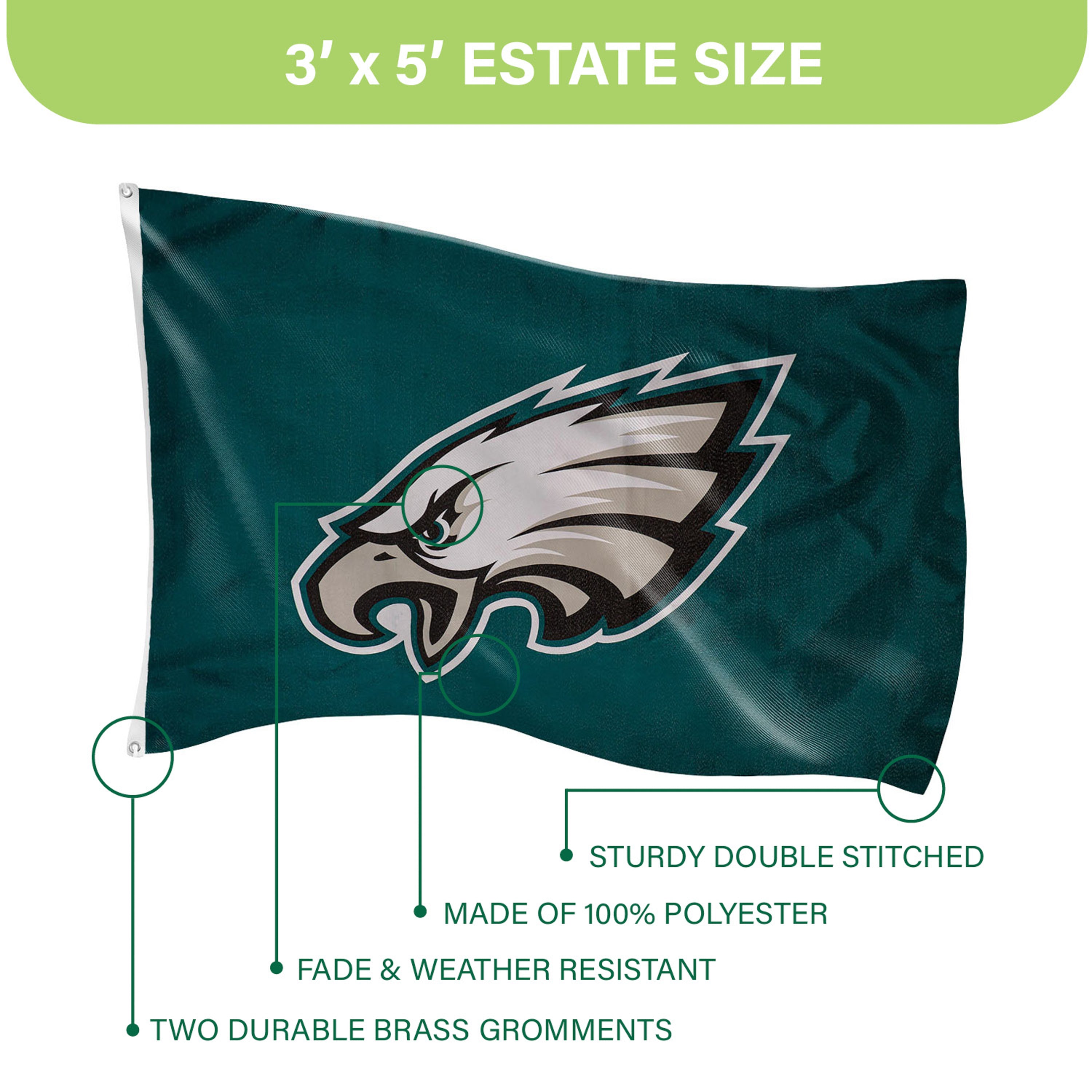 Philadelphia Eagles Single Sided Estate Flag with 2 Grommets, 3'x5' - Sports Gifts, Sports Memorabilia, Sports Collectibles, Fan Shop