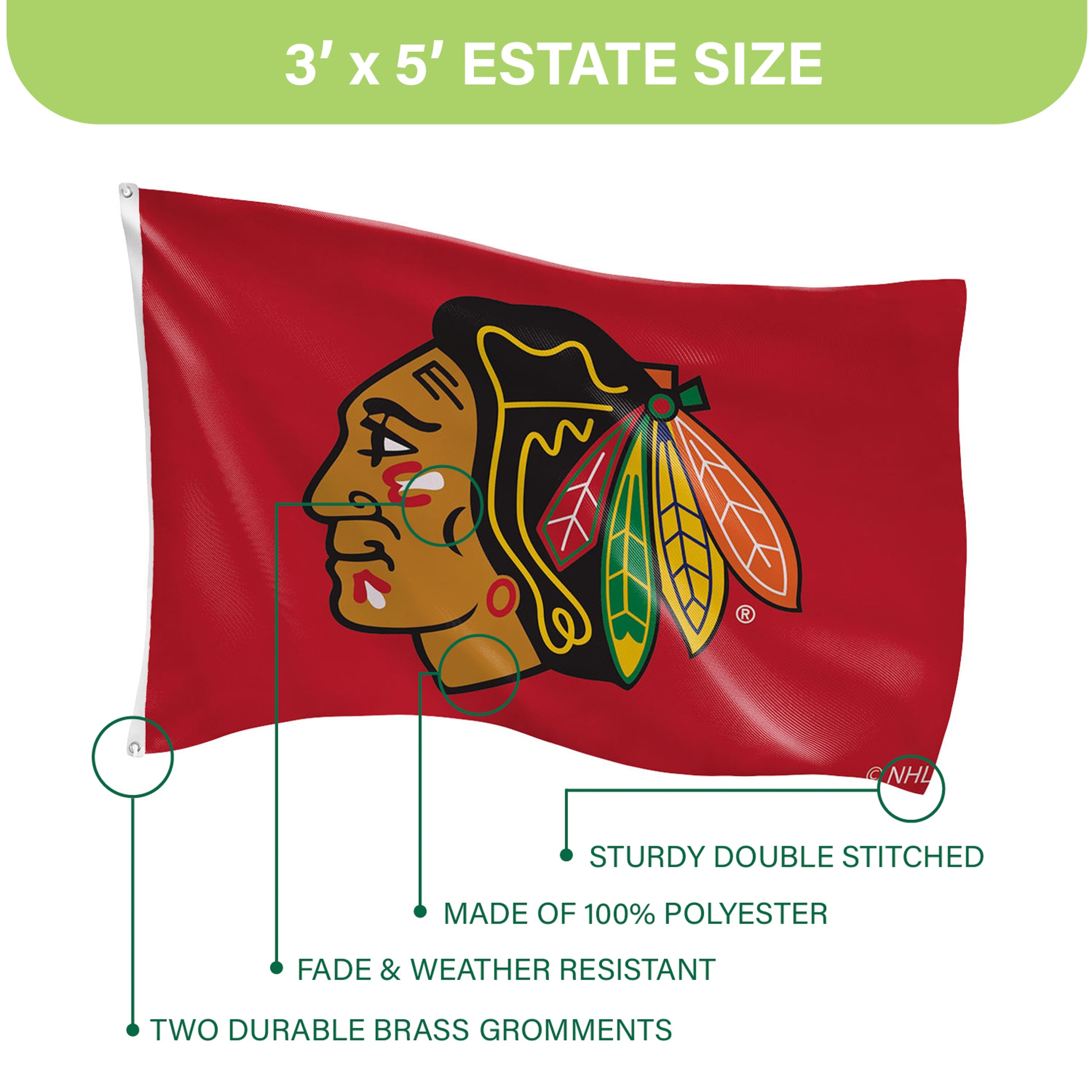 Chicago Blackhawks Single Sided Estate Flag with 2 Grommets, 3'x5' - Sports Gifts, Sports Memorabilia, Sports Collectibles, Fan Shop
