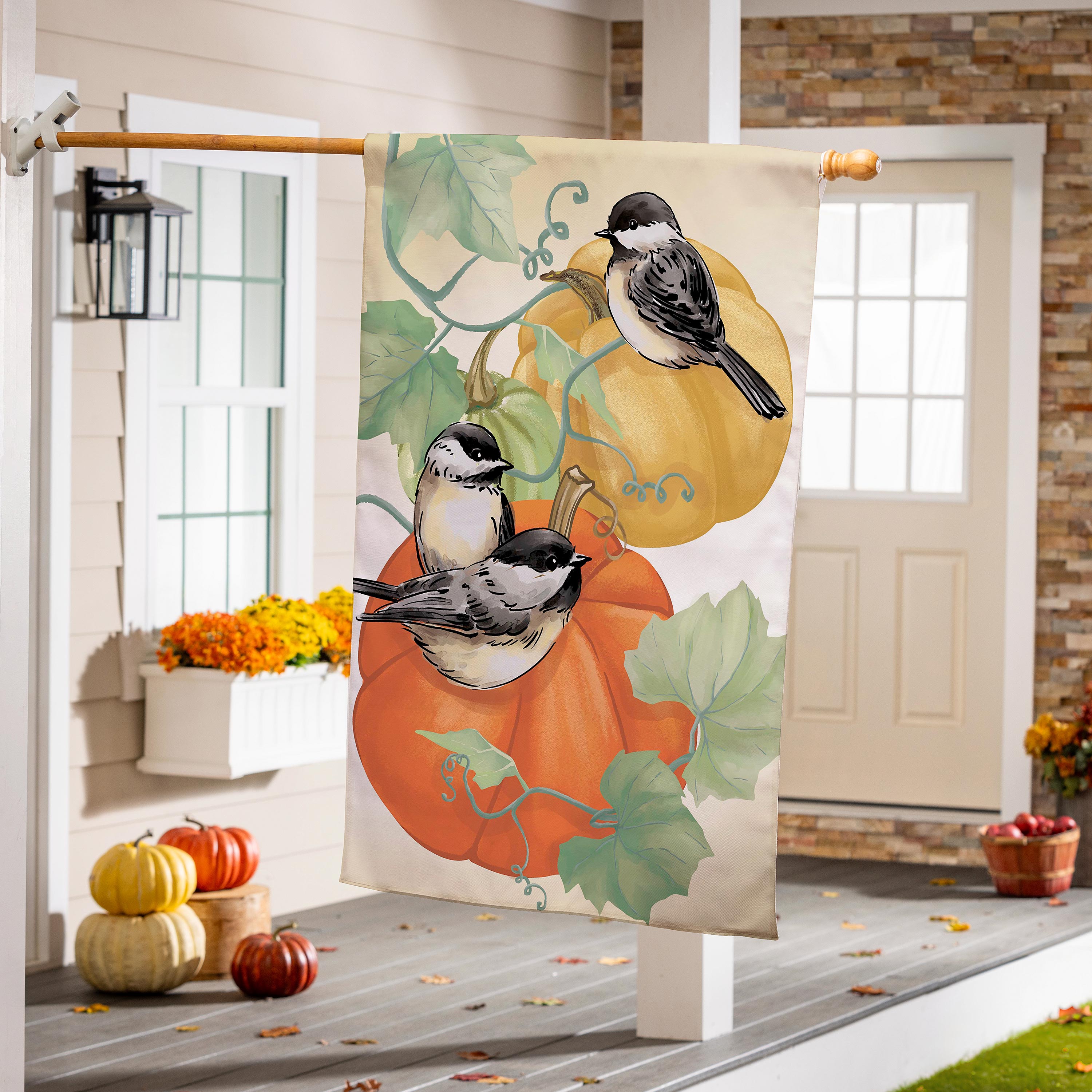Chickadee Pumpkin Vine Suede House Flag - Sports Collectibles, Sports Memorabilia, Sports Fan Shop, Sports Gifts