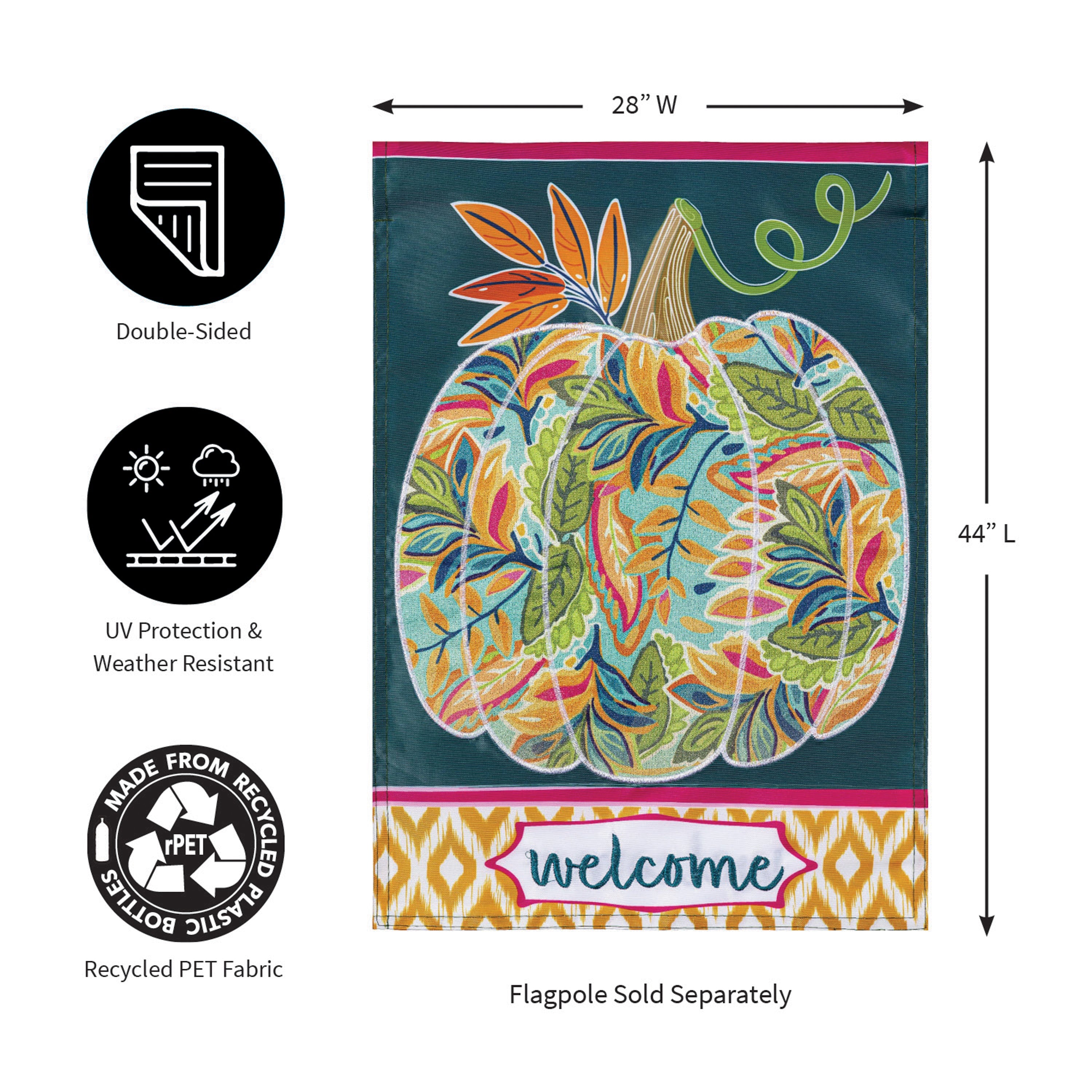 Patterned Jacobean Floral Pumpkin Applique House Flag - Sports Gifts, Sports Memorabilia, Sports Collectibles, Fan Shop