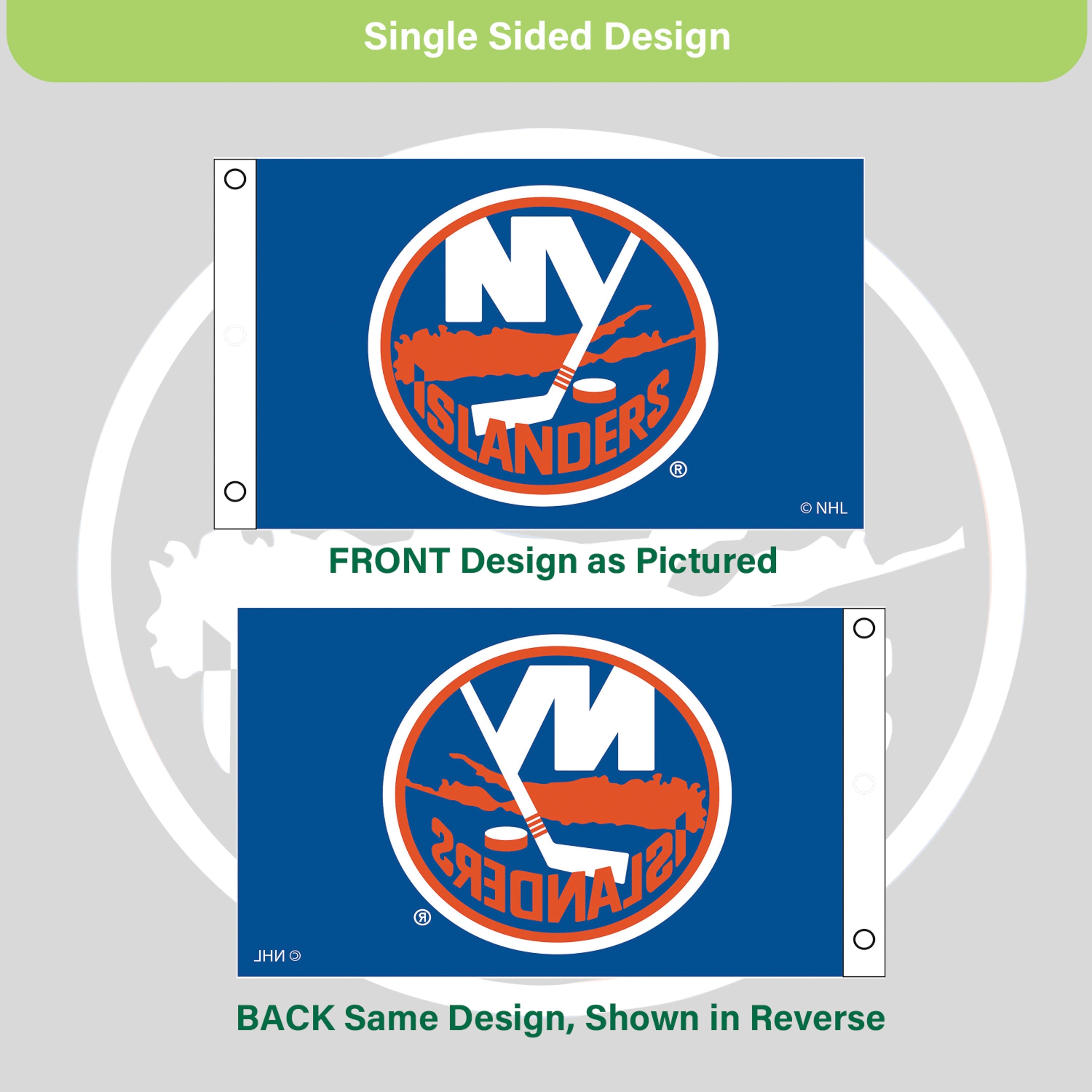 New York Islanders Single Sided Flag w/ 2 Grommets, 3'x5' - Sports Gifts, Sports Memorabilia, Sports Collectibles, Fan Shop