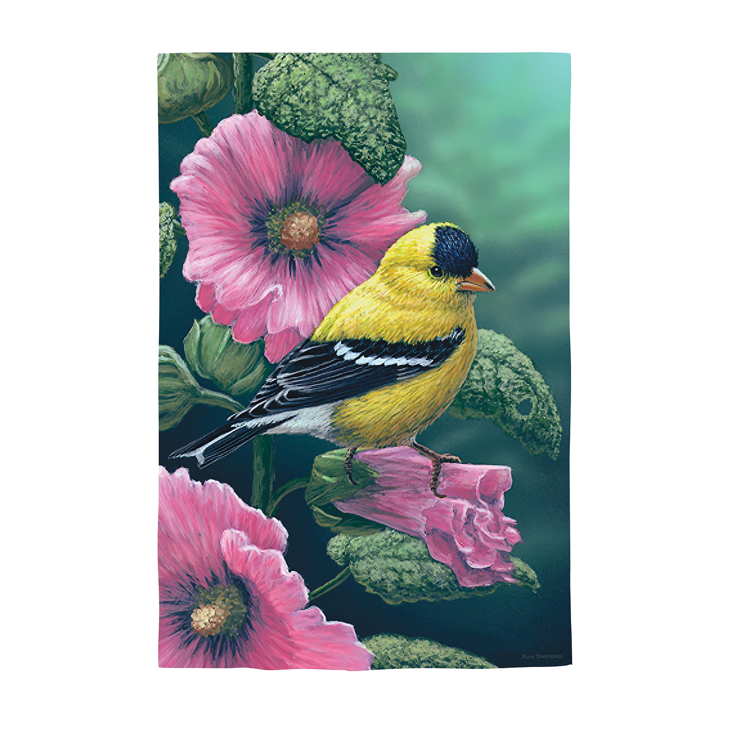 Goldfinch on Hollyhocks Suede House Flag - Sports Collectibles, Sports Memorabilia, Sports Fan Shop, Sports Gifts