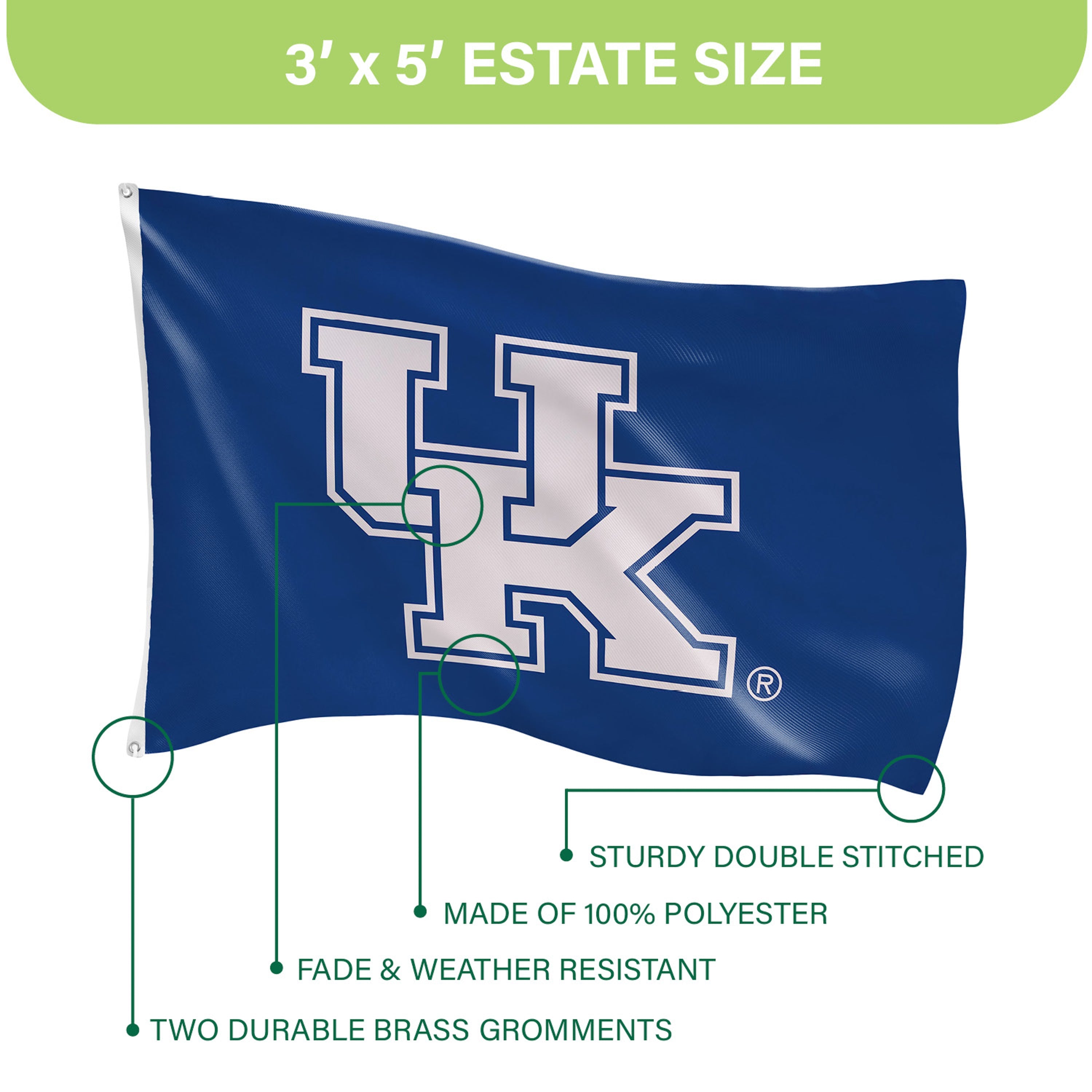 University of Kentucky Single Sided Estate Flag with 2 Grommets, 3'x5' - Sports Gifts, Sports Memorabilia, Sports Collectibles, Fan Shop