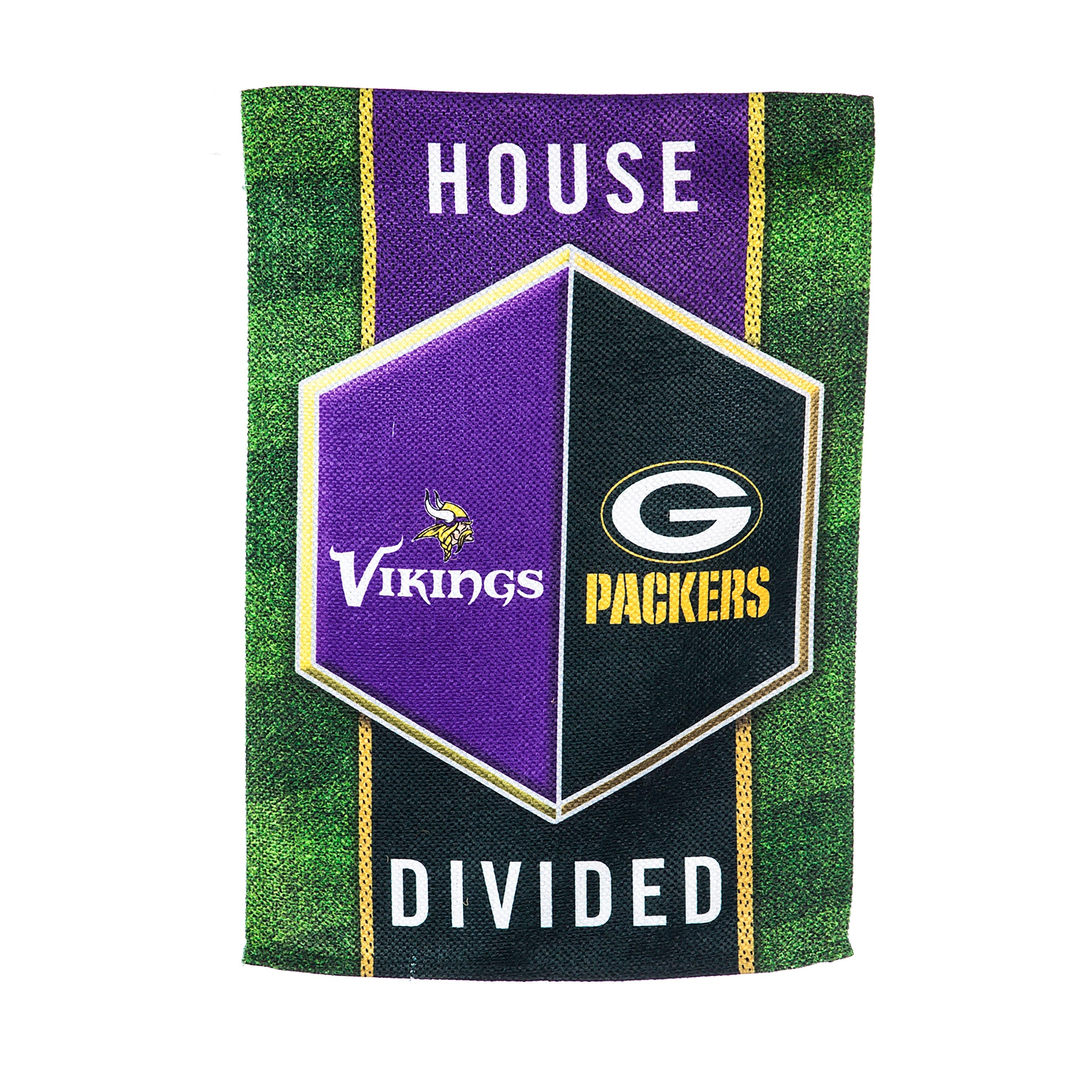 Green Bay Packers & Minnesota Vikings House Divided Suede Garden Flag - Sports Collectibles, Sports Memorabilia, Sports Fan Shop, Sports Gifts