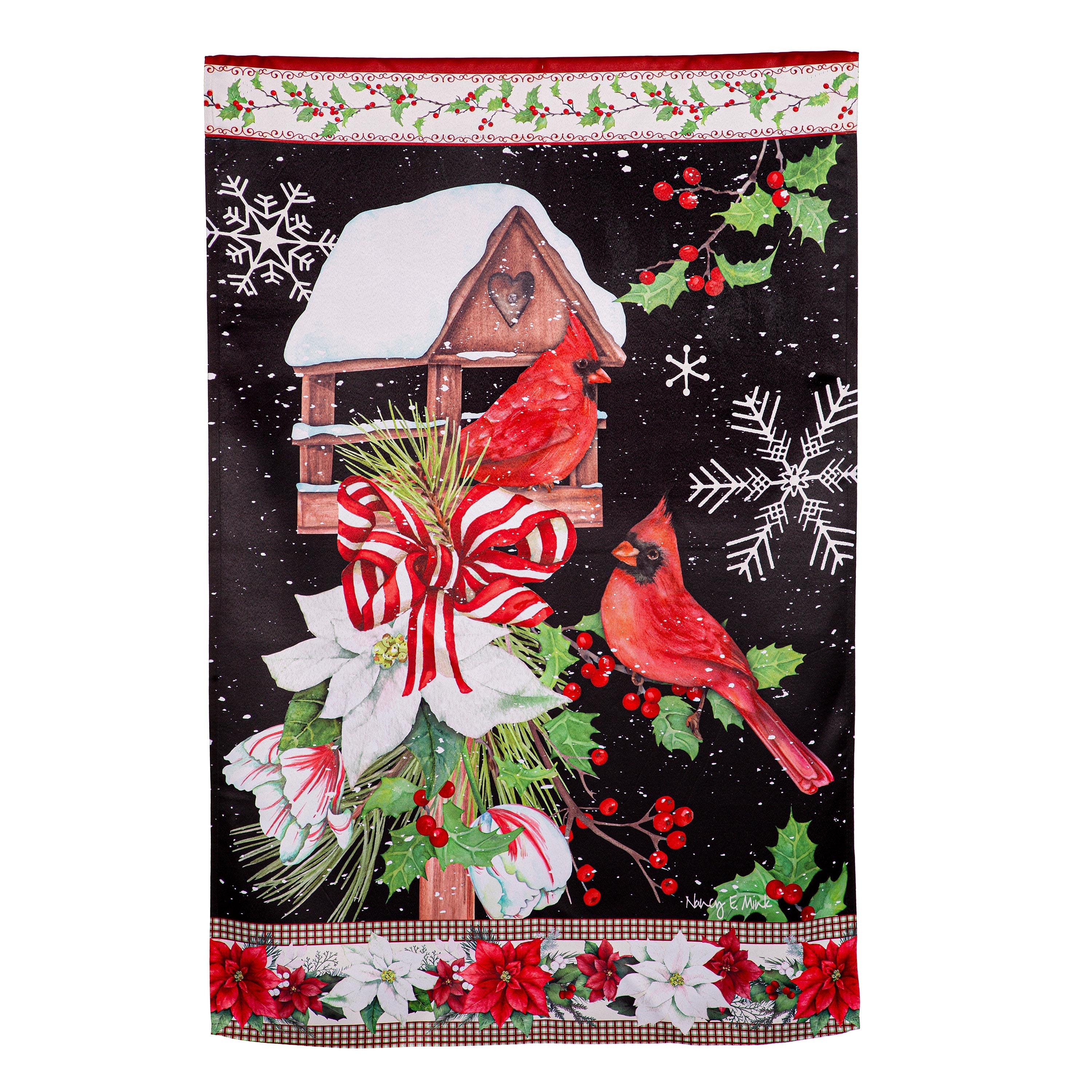 Joyful Cardinal Winter Visit Suede House Flag - Sports Collectibles, Sports Memorabilia, Sports Fan Shop, Sports Gifts