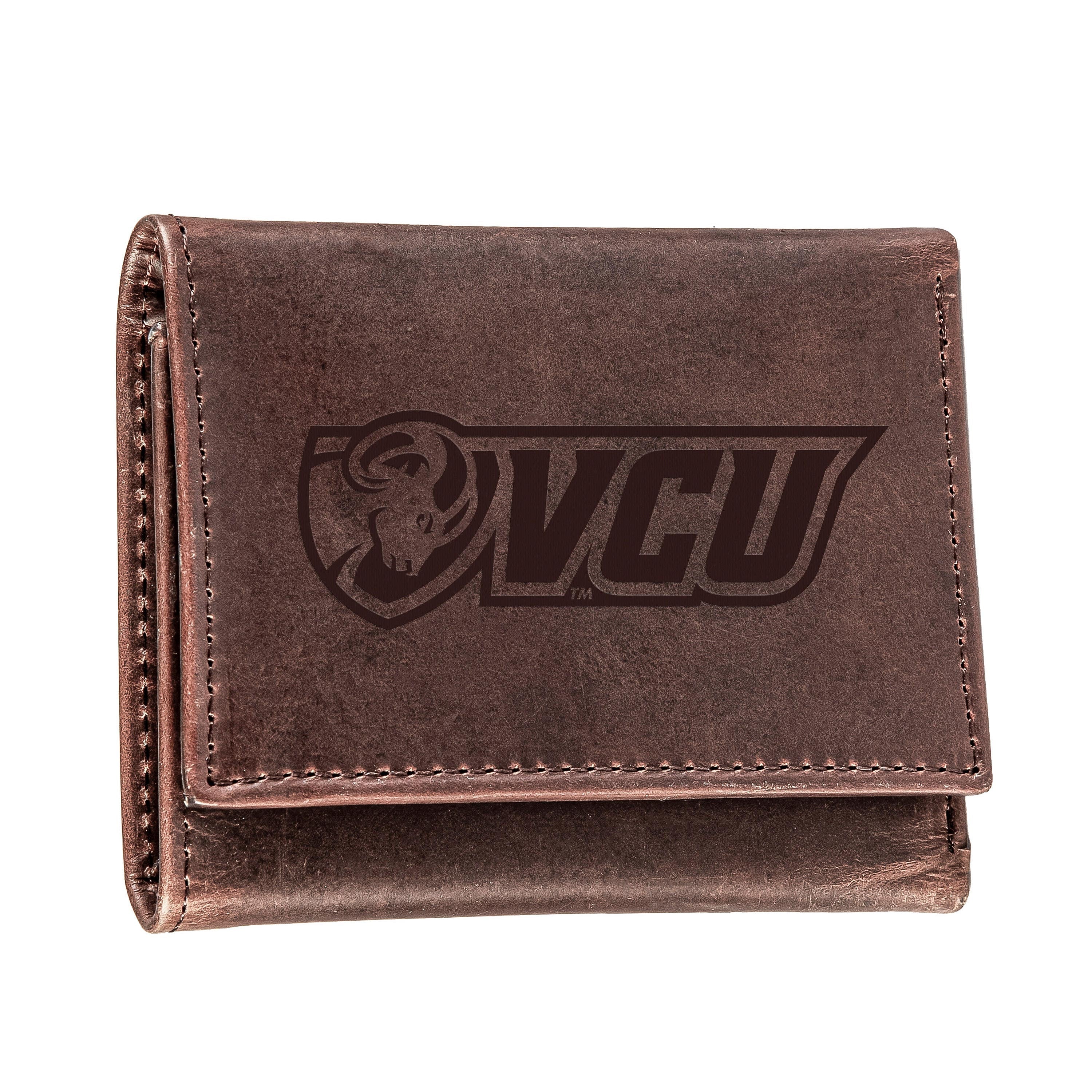 Virginia Commonwealth University (VCU), Tri-Fold Wallet, Brown, CH, 100% Genuine Leather - Sports Collectibles, Sports Memorabilia, Sports Fan Shop, Sports Gifts