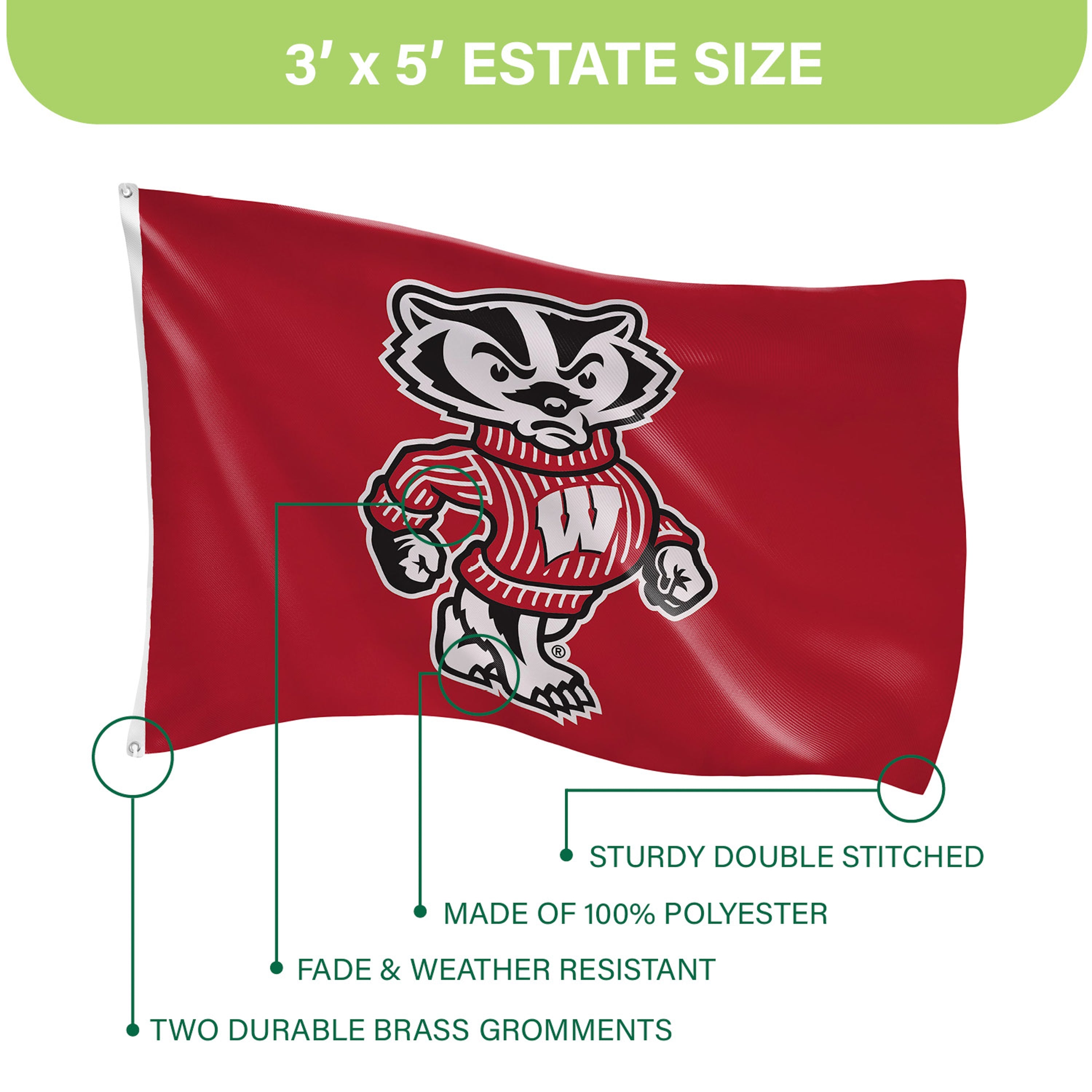 3'x5' Single Sided Flag w/ 2 Grommets, University of Wisconsin-Madison - Sports Gifts, Sports Memorabilia, Sports Collectibles, Fan Shop