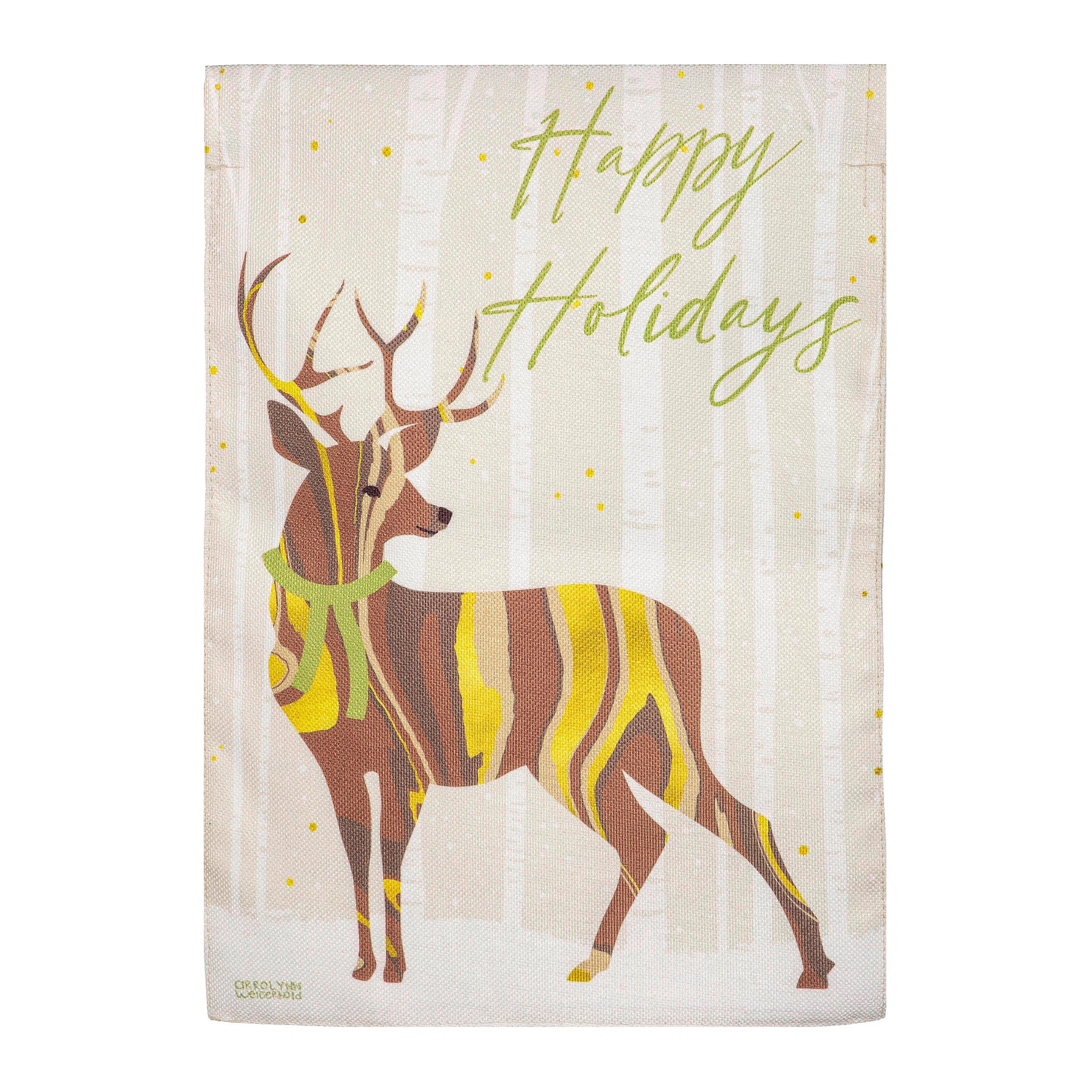 Happy Holidays Deer Burlap House Flag - Sports Collectibles, Sports Memorabilia, Sports Fan Shop, Sports Gifts