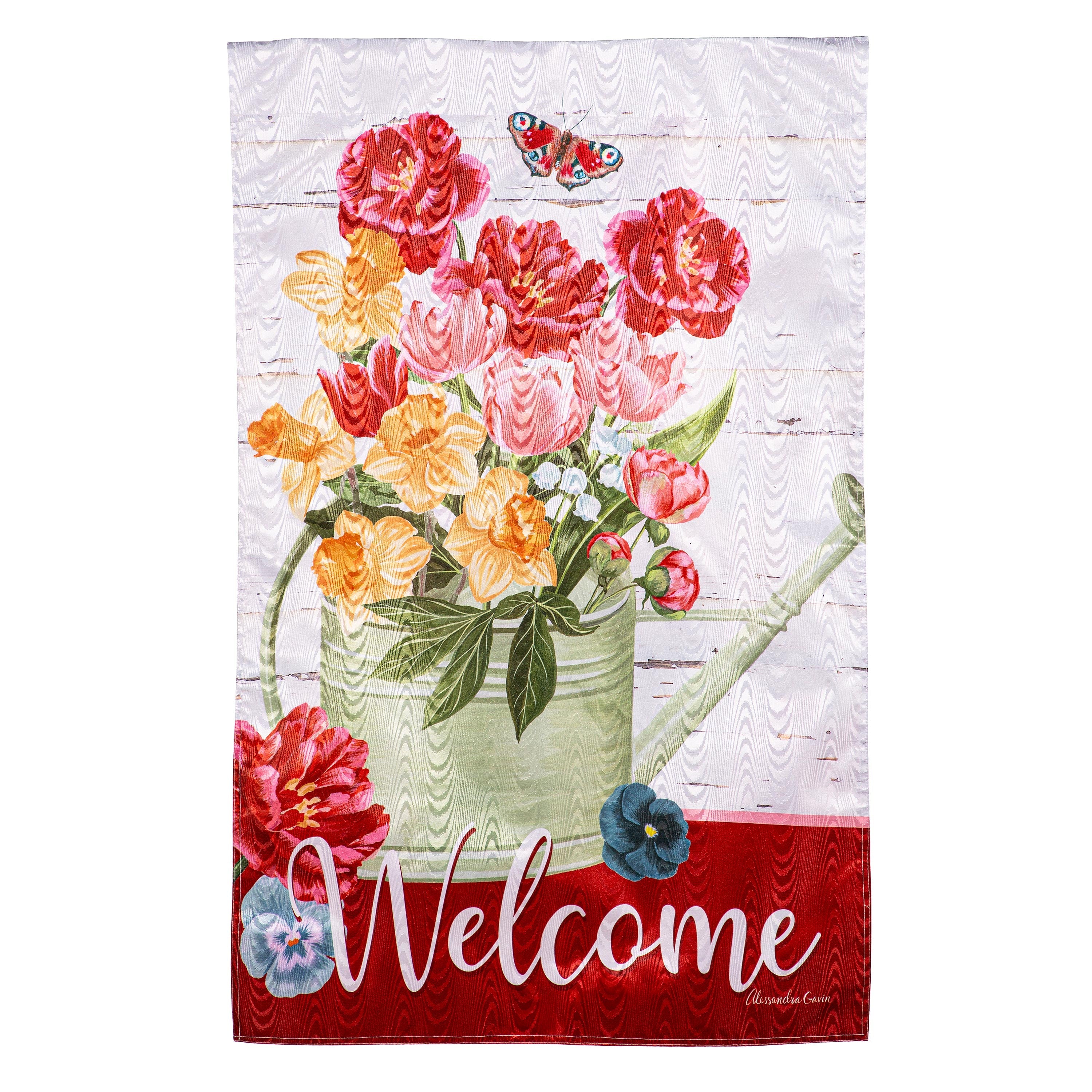 Floral Watering Can Moire House Flag - Sports Collectibles, Sports Memorabilia, Sports Fan Shop, Sports Gifts