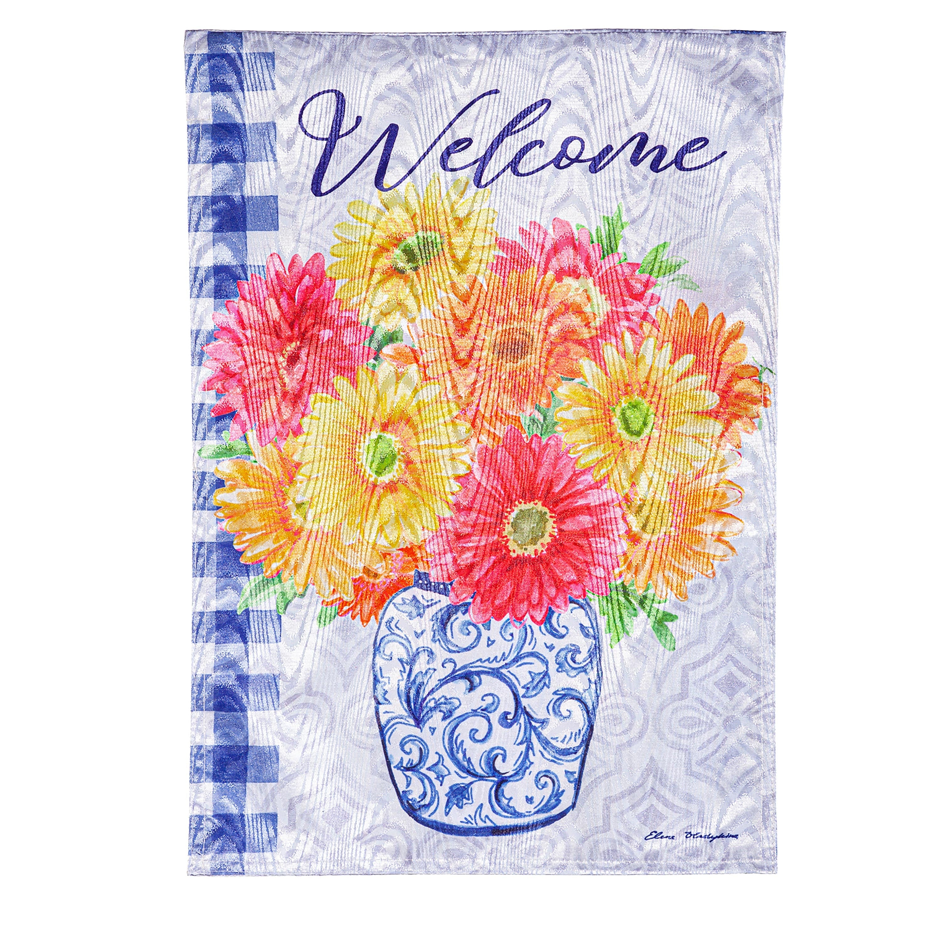 Welcome Gerberas in Vase Moire Garden Flag - Sports Collectibles, Sports Memorabilia, Sports Fan Shop, Sports Gifts