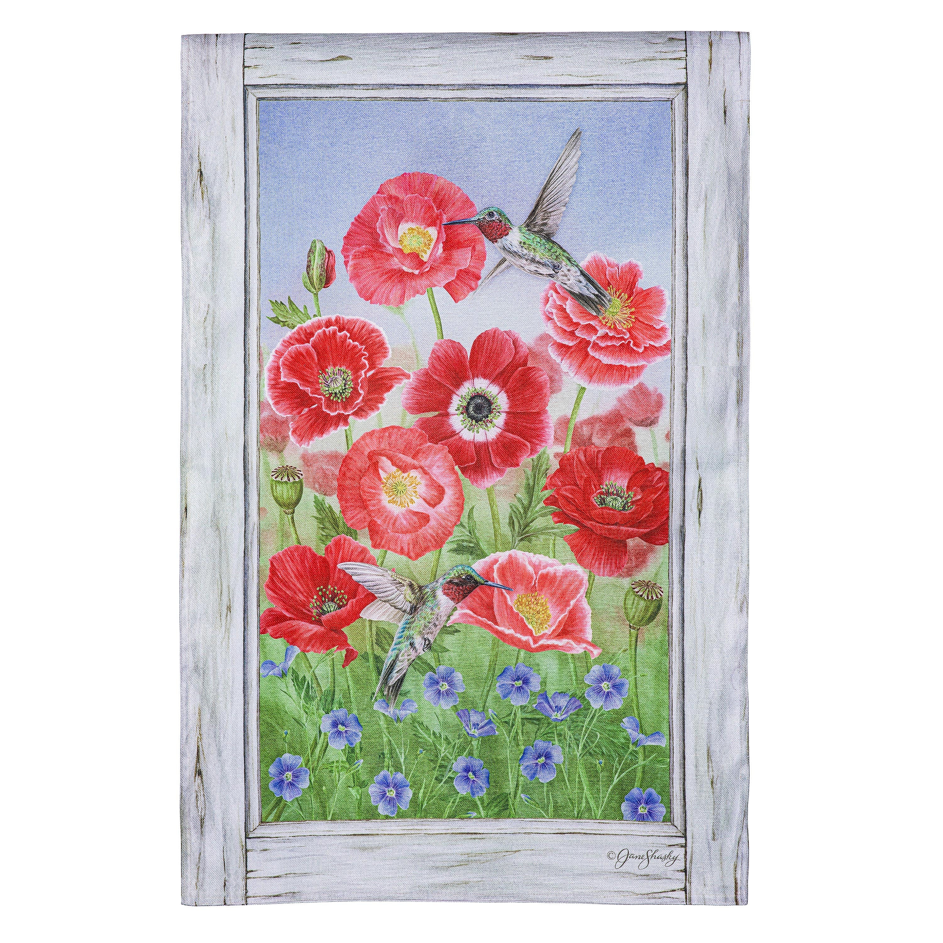 Poppy's and Hummingbirds Burlap House Flag - Sports Collectibles, Sports Memorabilia, Sports Fan Shop, Sports Gifts