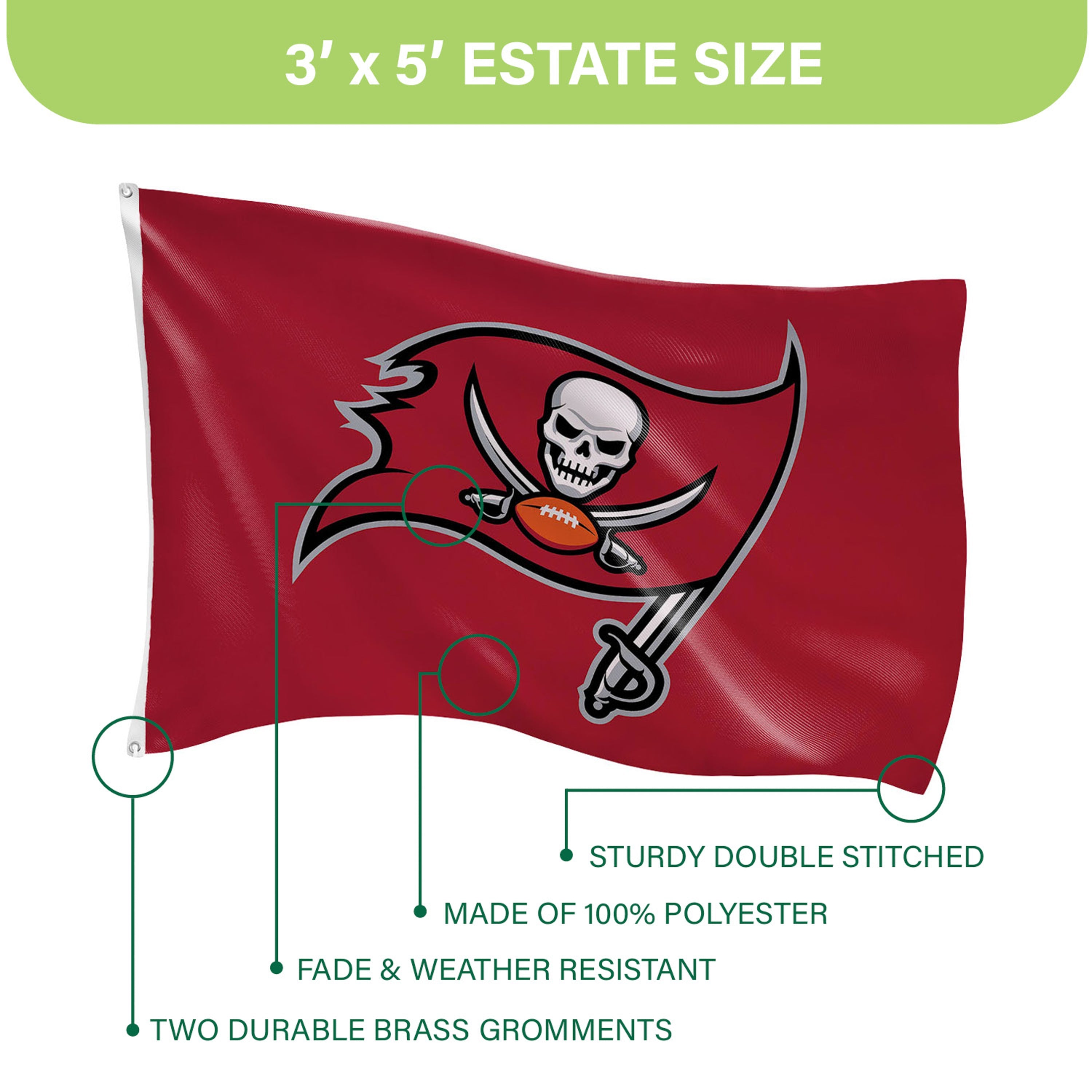 3'x5' Single Sided Flag w/ 2 Grommets, Tampa Bay Buccaneers