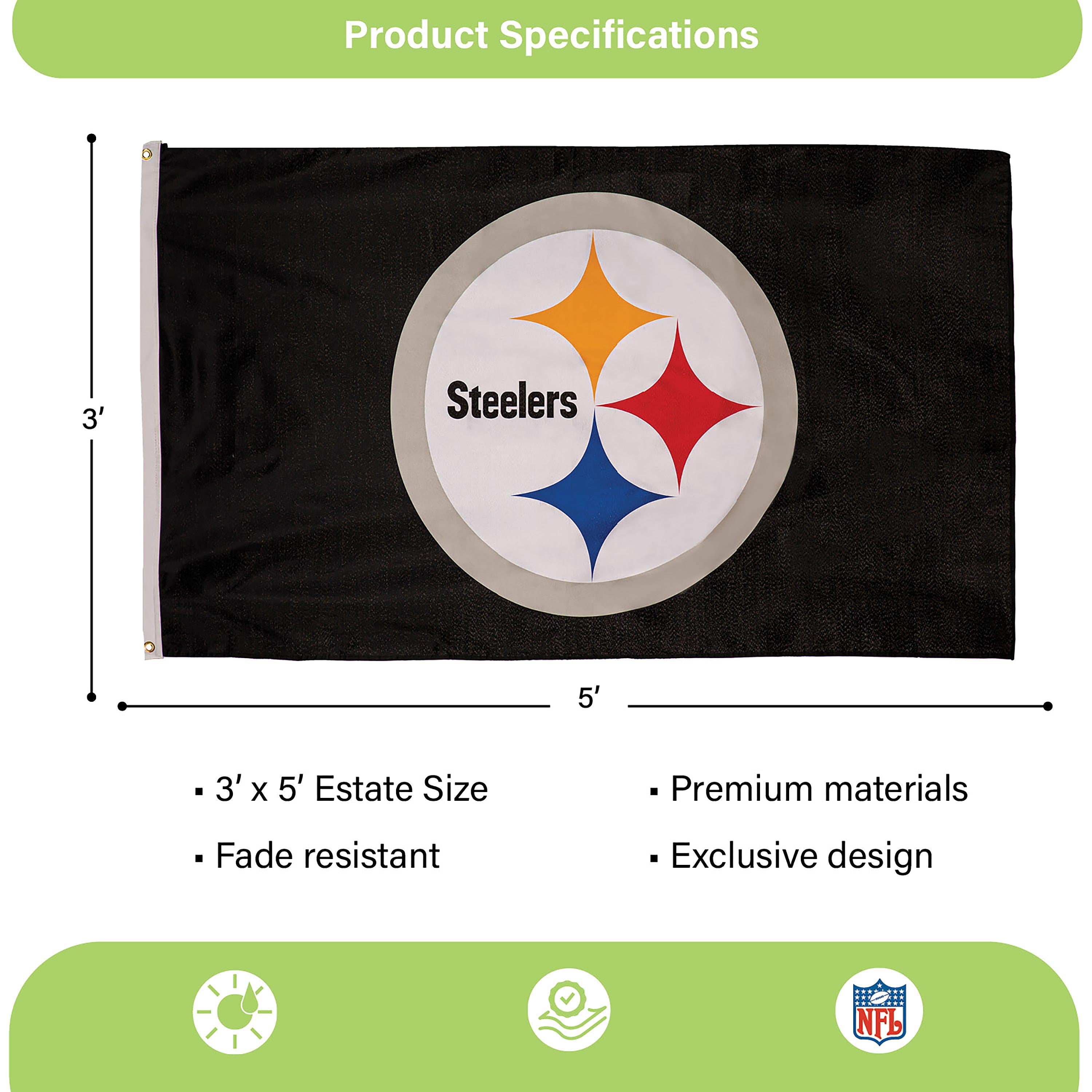 Pittsburgh Steelers Single Sided Estate Flag with 2 Grommets, 3'x5' - Sports Collectibles, Sports Memorabilia, Sports Fan Shop, Sports Gifts