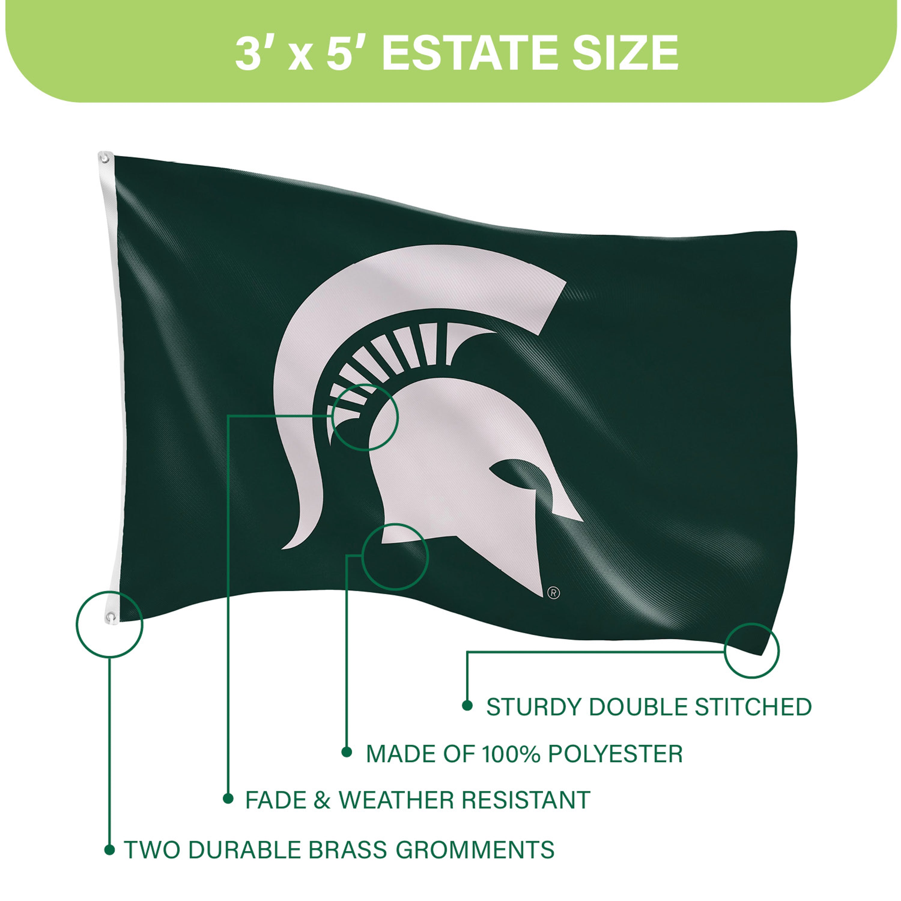 Michigan State University Single Sided Estate Flag with 2 Grommets, 3'x5' - Sports Gifts, Sports Memorabilia, Sports Collectibles, Fan Shop