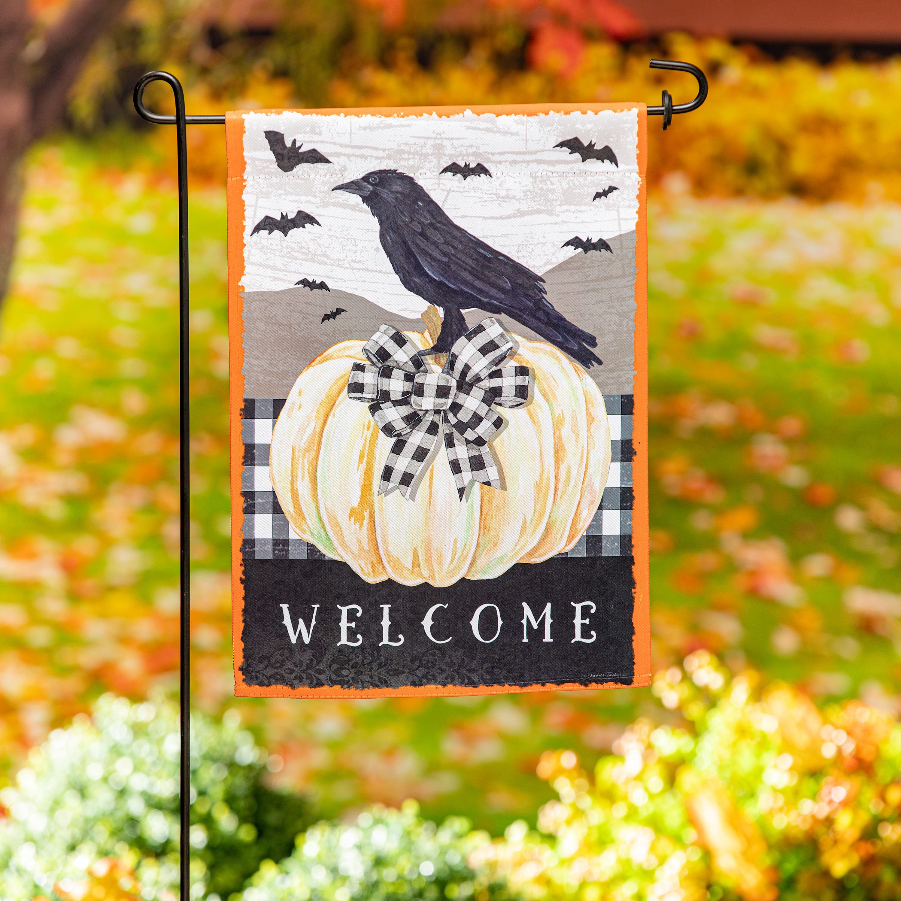 White Pumpkin with Black Crow Garden Suede Flag - Sports Collectibles, Sports Memorabilia, Sports Fan Shop, Sports Gifts