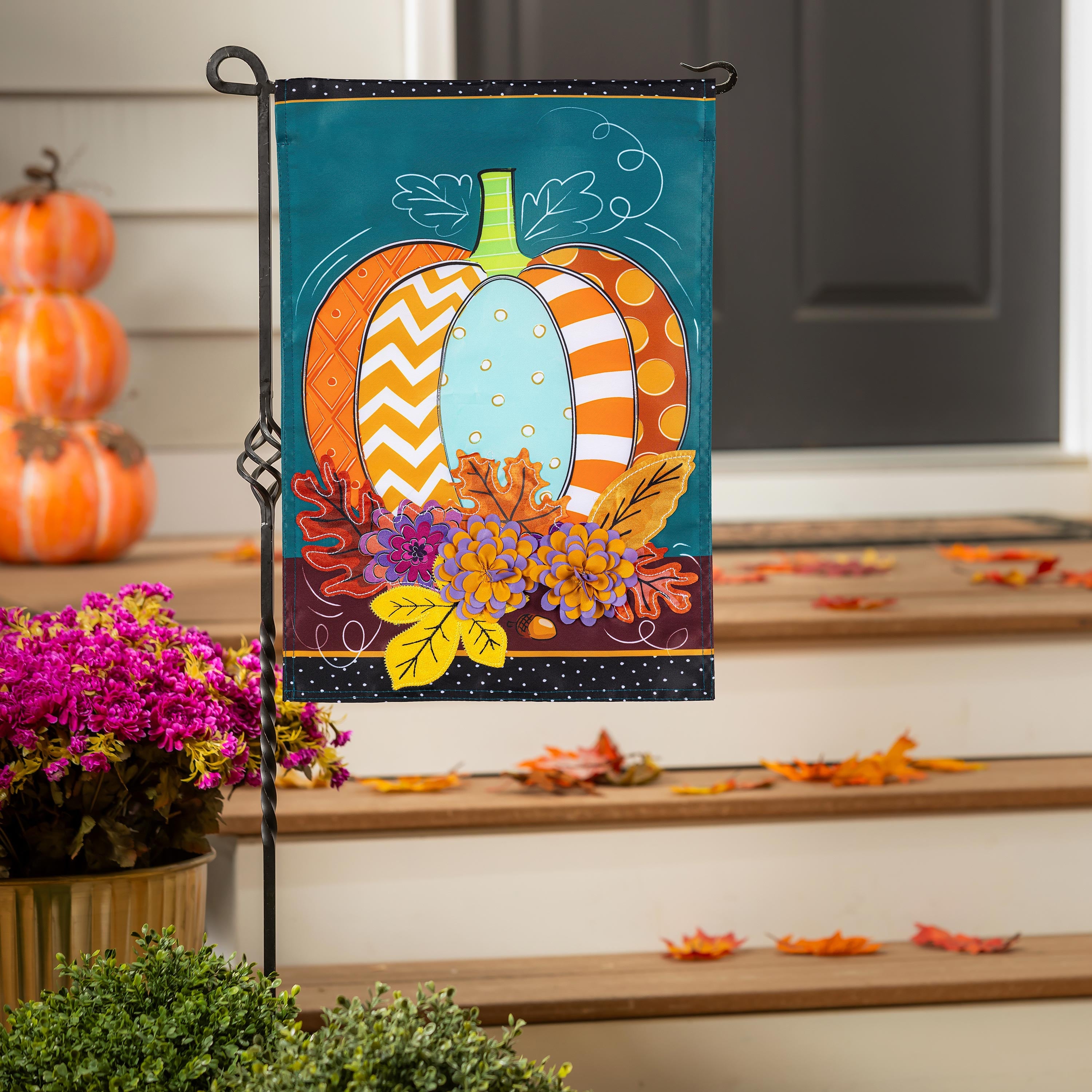 Pattern Pumpkin on Teal Applique Garden Flag - Sports Collectibles, Sports Memorabilia, Sports Fan Shop, Sports Gifts
