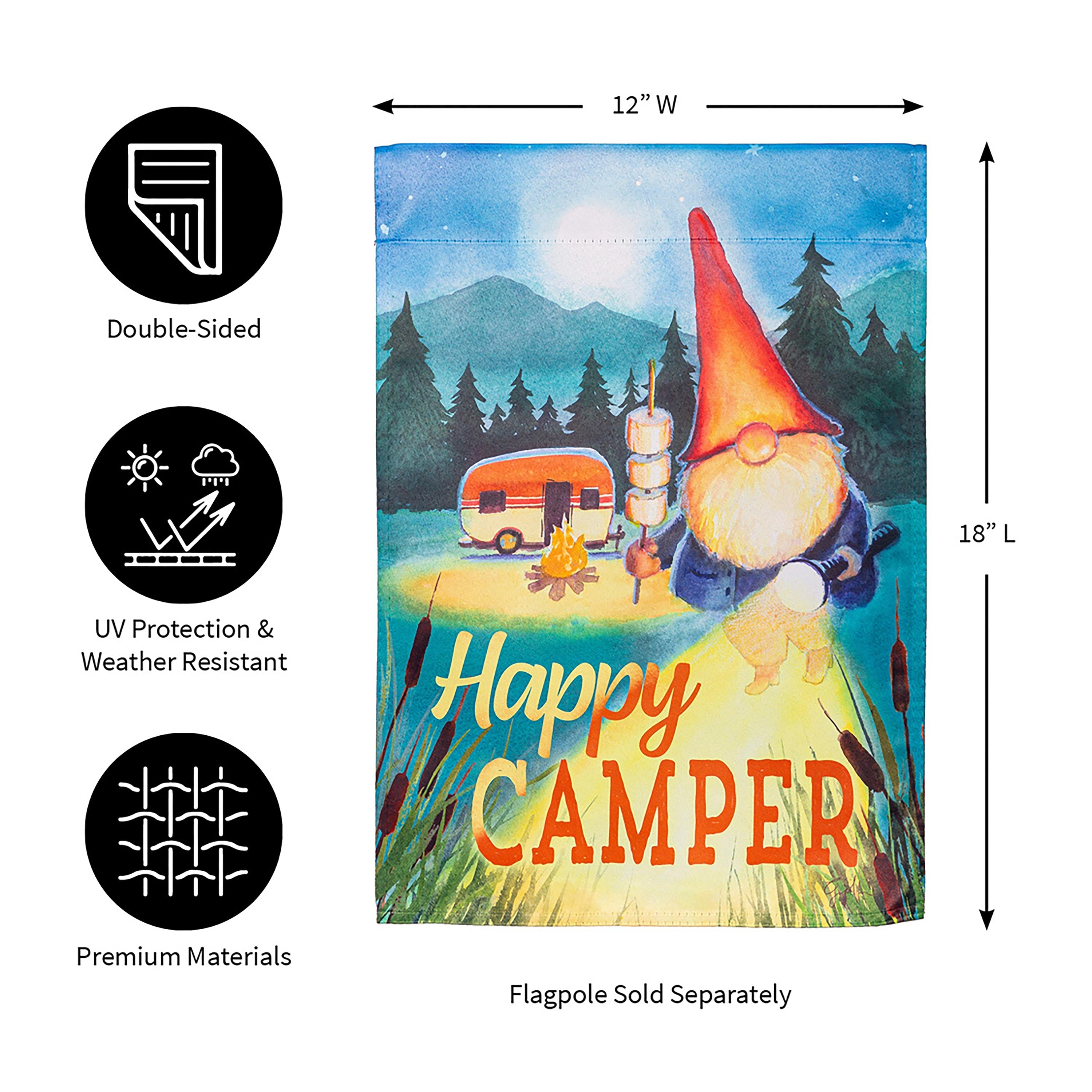 Gnome Happy Camper Suede Garden Flag - Sports Collectibles, Sports Memorabilia, Sports Fan Shop, Sports Gifts