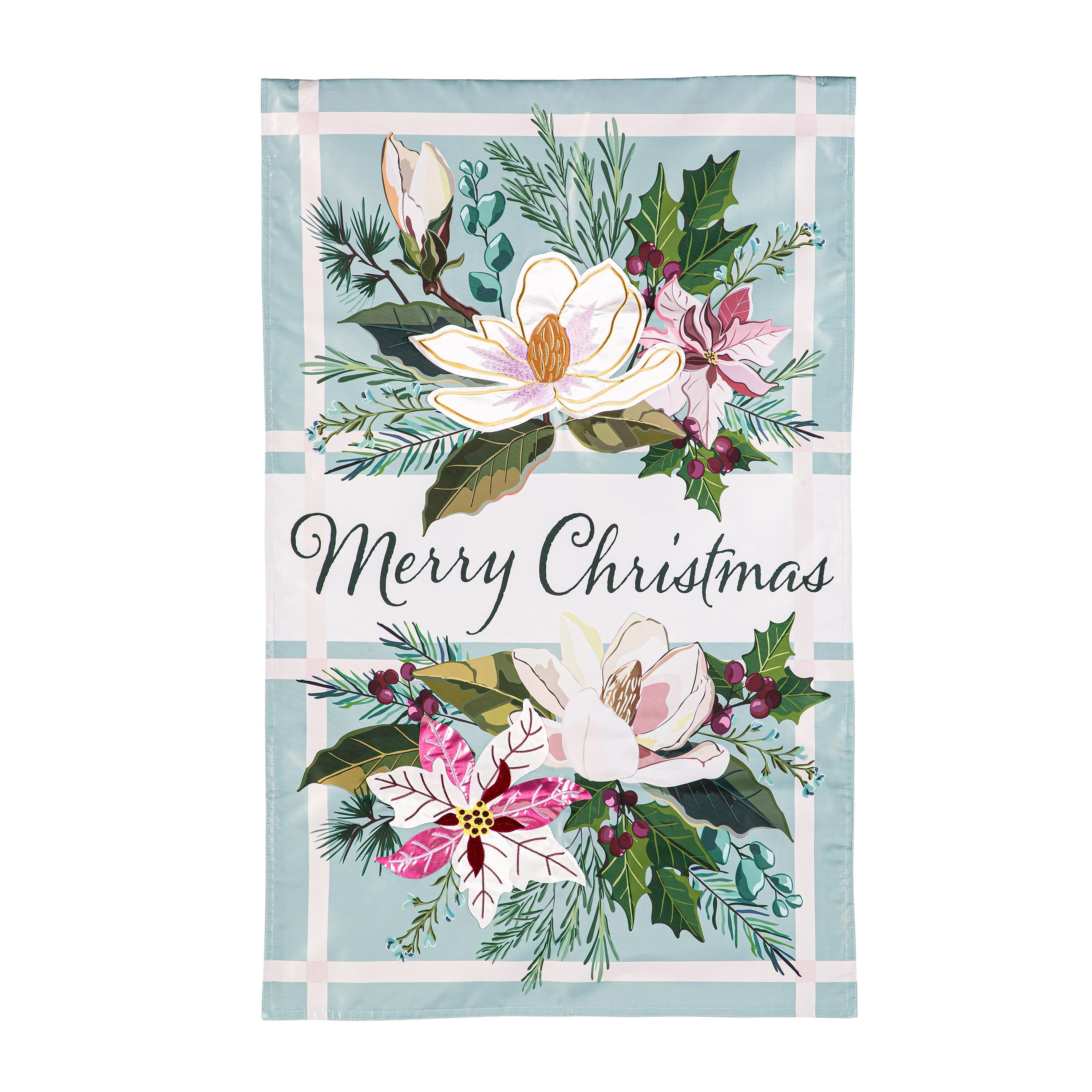 Merry Christmas Floral Applique House Flag - Sports Collectibles, Sports Memorabilia, Sports Fan Shop, Sports Gifts