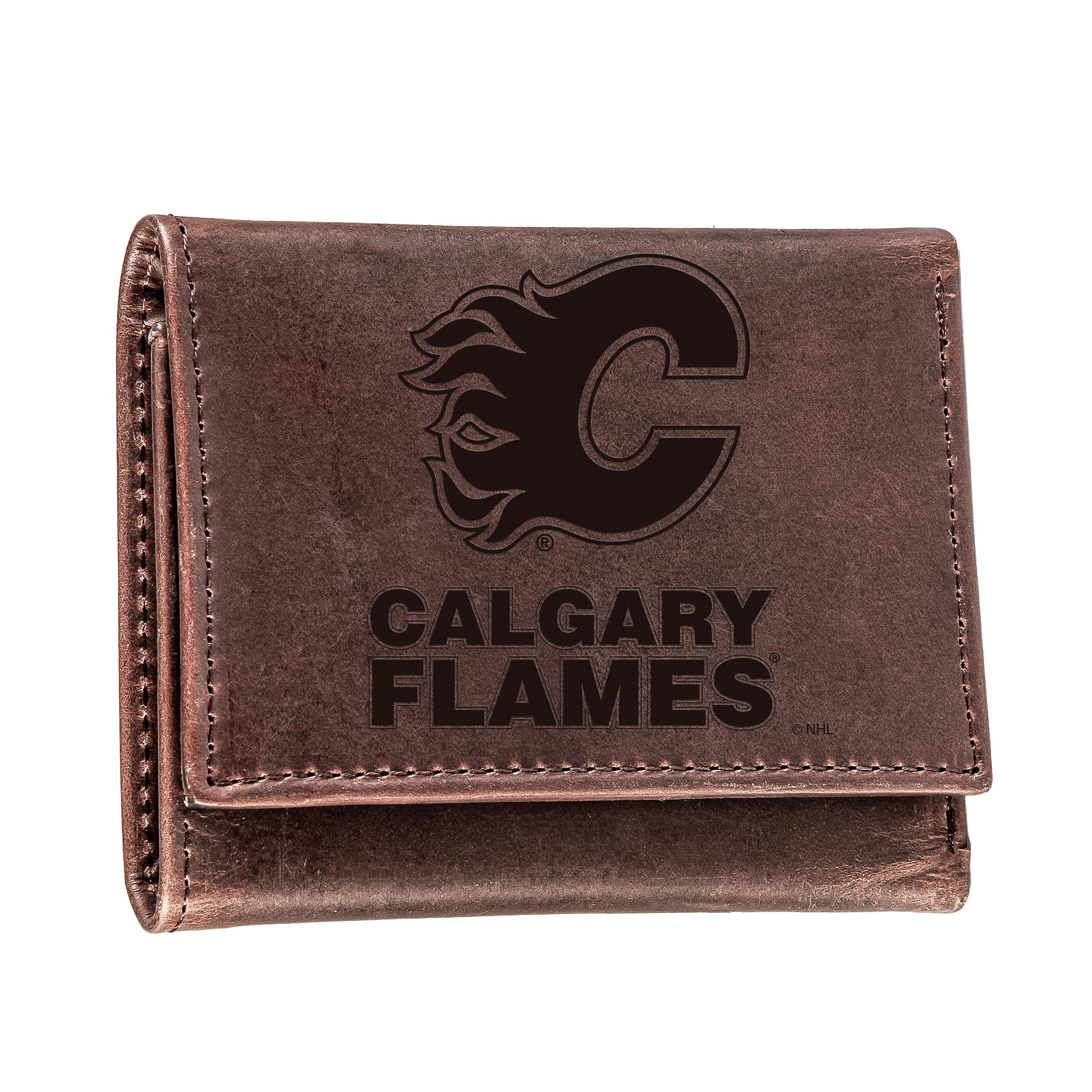 Calgary Flames, Tri-Fold Wallet, Brown, CH, 100% Genuine Leather - Sports Collectibles, Sports Memorabilia, Sports Fan Shop, Sports Gifts