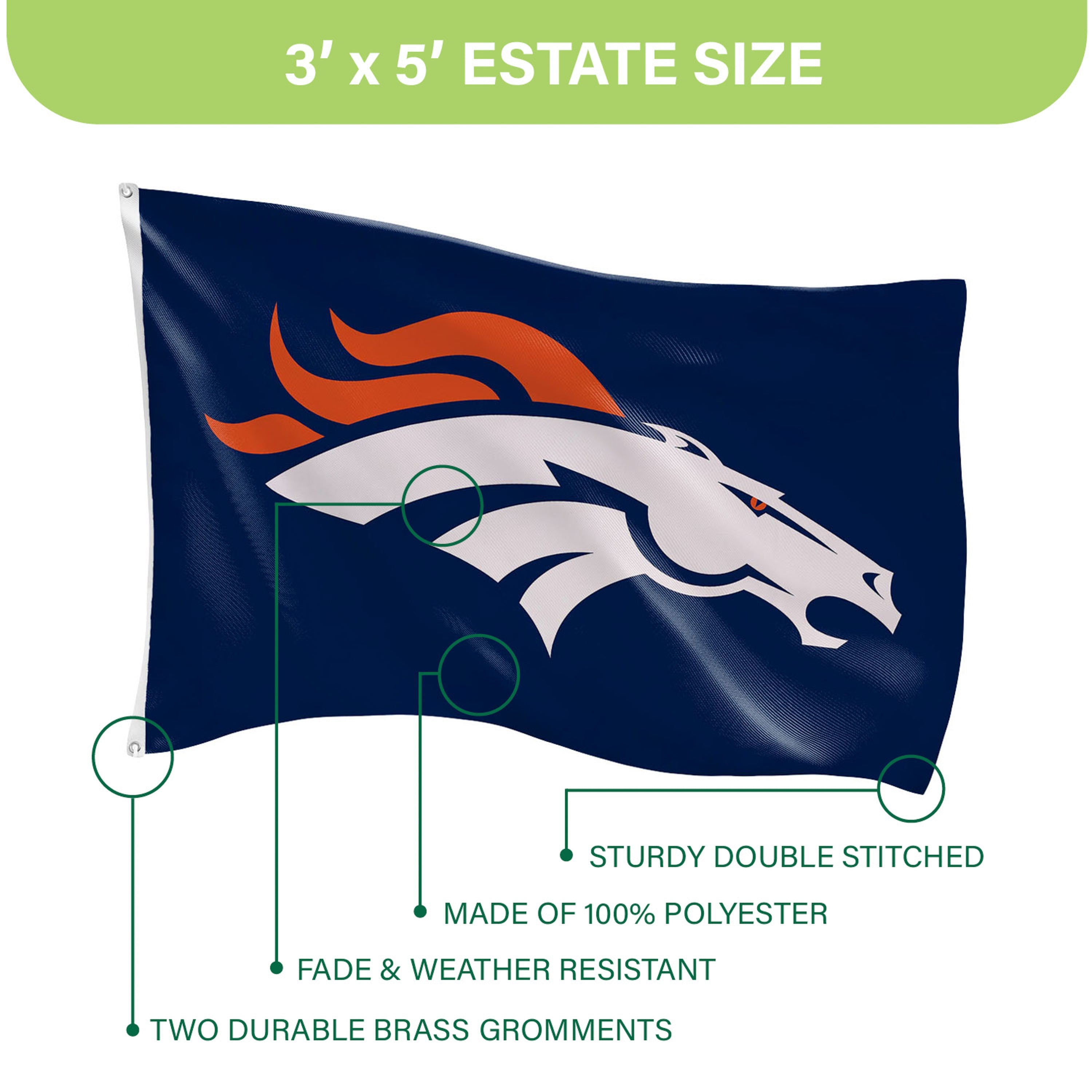 3'x5' Single Sided Flag w/ 2 Grommets, Denver Broncos