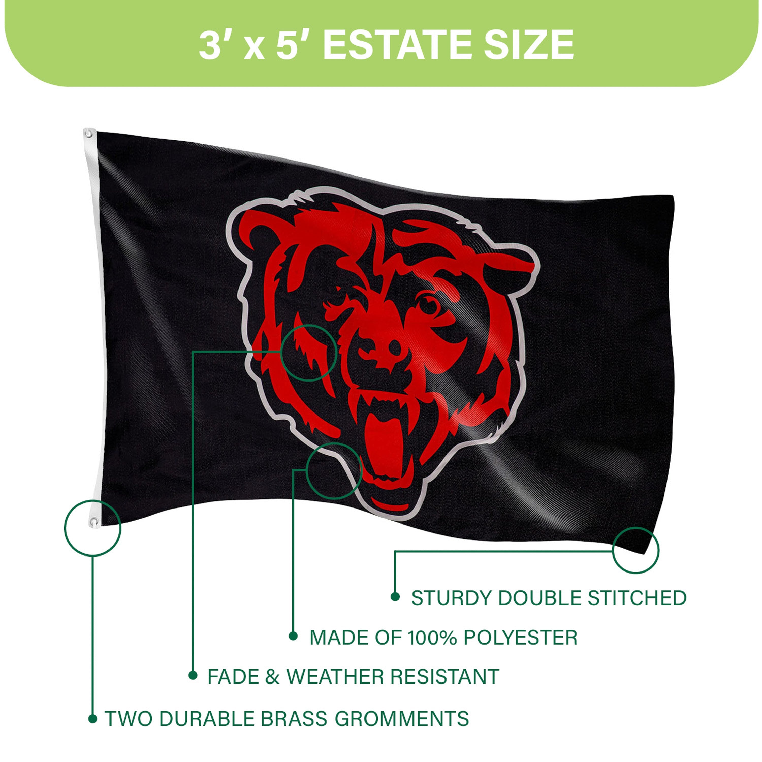 Chicago Bears Single Sided Estate Flag with 2 Grommets, 3'x5' - Sports Gifts, Sports Memorabilia, Sports Collectibles, Fan Shop