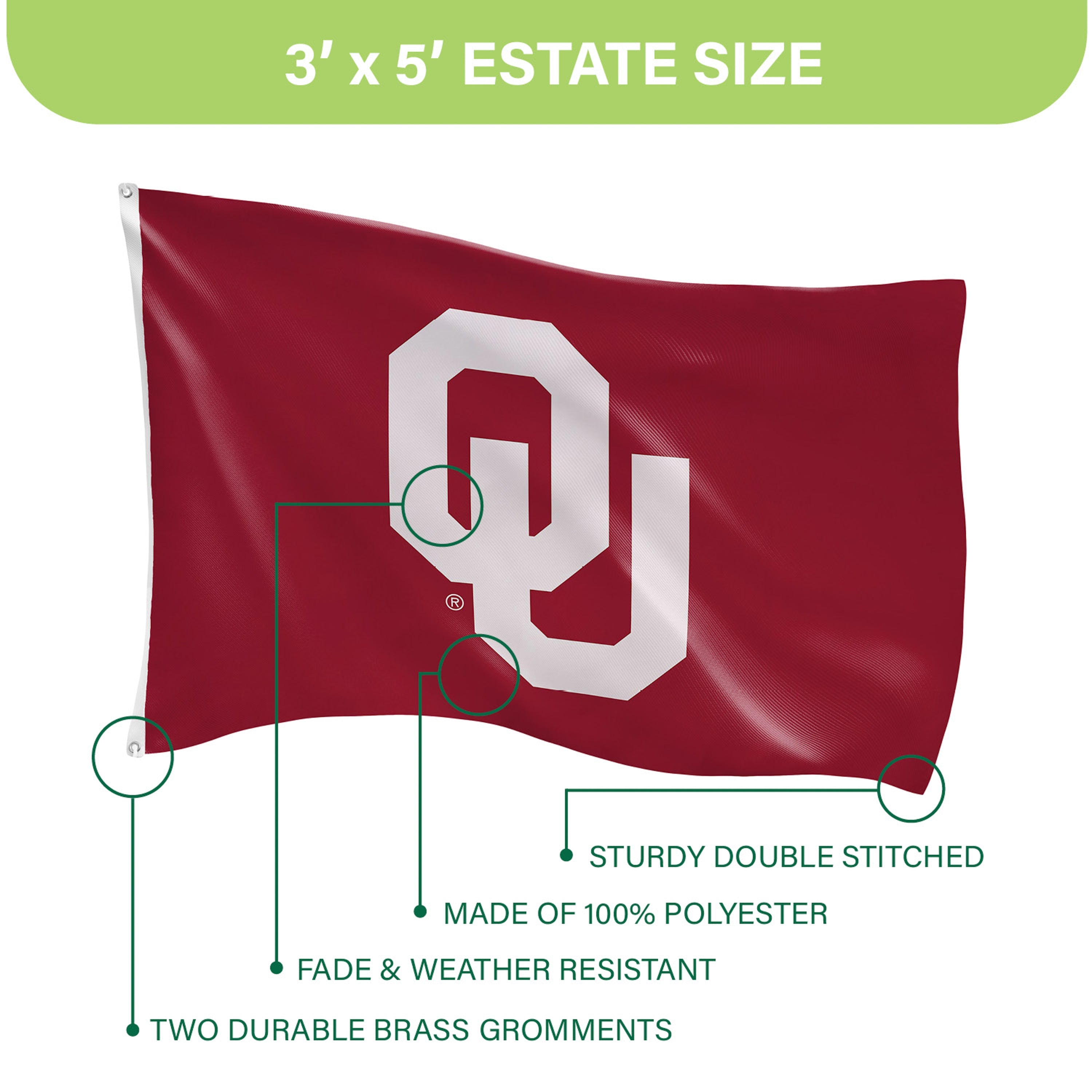 University of Oklahoma Single Sided Estate Flag with 2 Grommets, 3'x5' - Sports Gifts, Sports Memorabilia, Sports Collectibles, Fan Shop