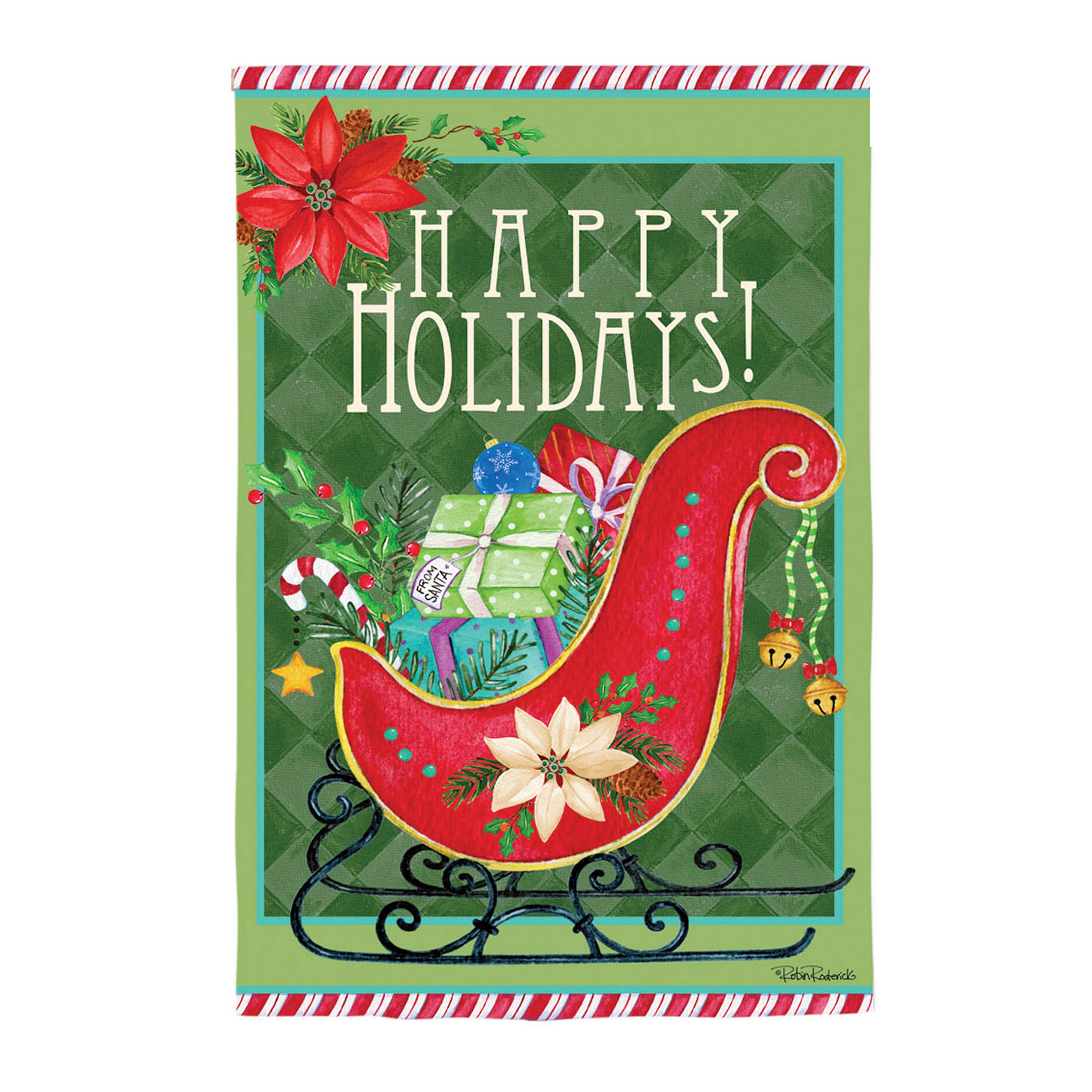 Happy Holiday Sled Garden Sub Suede Flag - Sports Collectibles, Sports Memorabilia, Sports Fan Shop, Sports Gifts