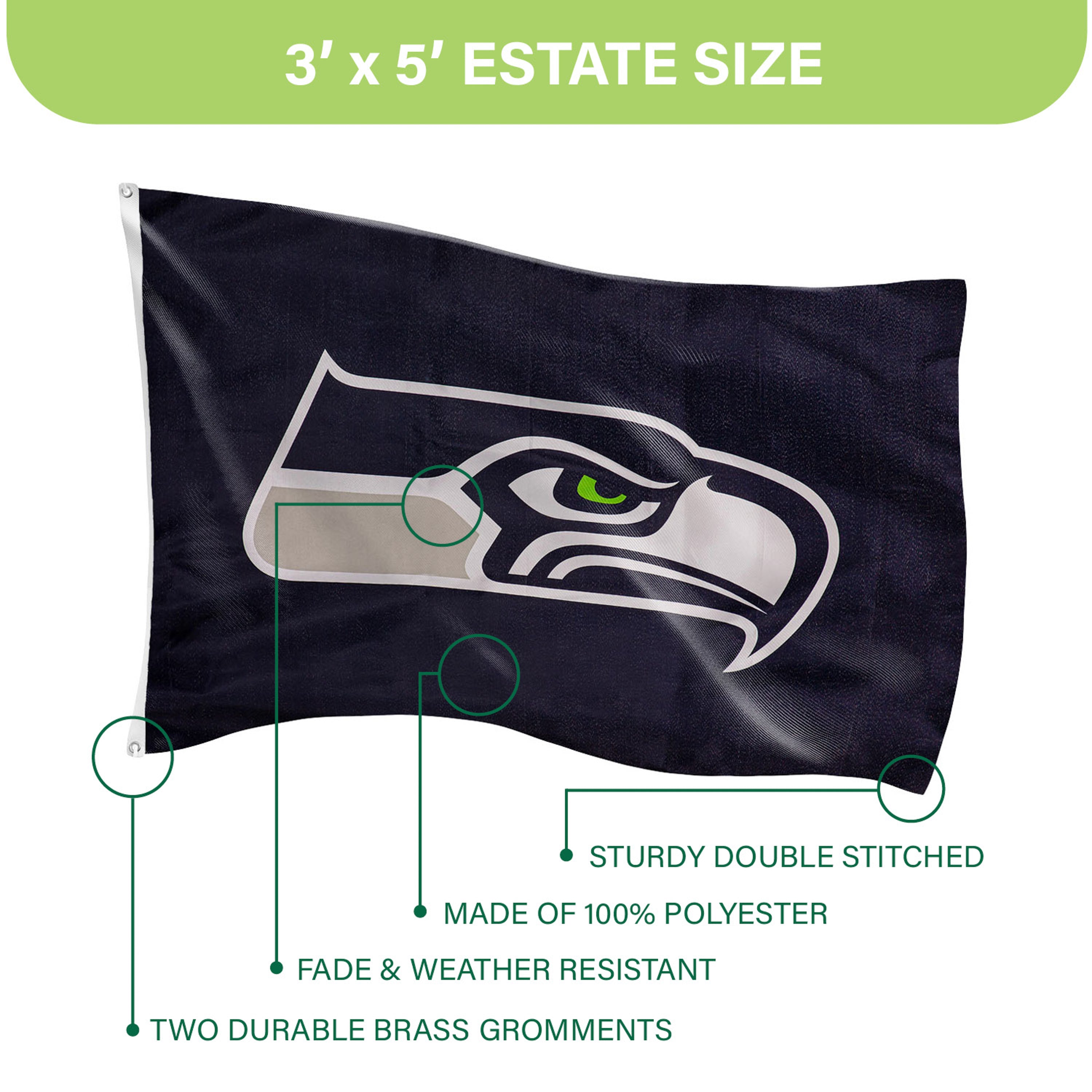 Seattle Seahawks Single Sided Estate Flag with 2 Grommets, 3'x5' - Sports Gifts, Sports Memorabilia, Sports Collectibles, Fan Shop