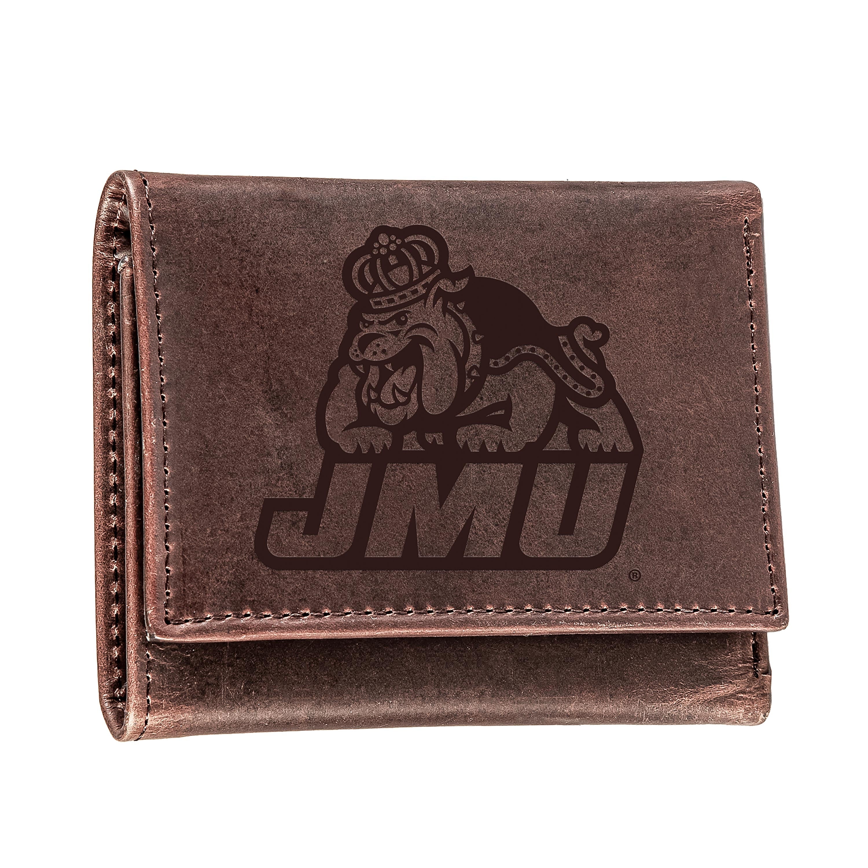 James Madison University, Tri-Fold Wallet, Brown, CH, 100% Genuine Leather - Sports Collectibles, Sports Memorabilia, Sports Fan Shop, Sports Gifts