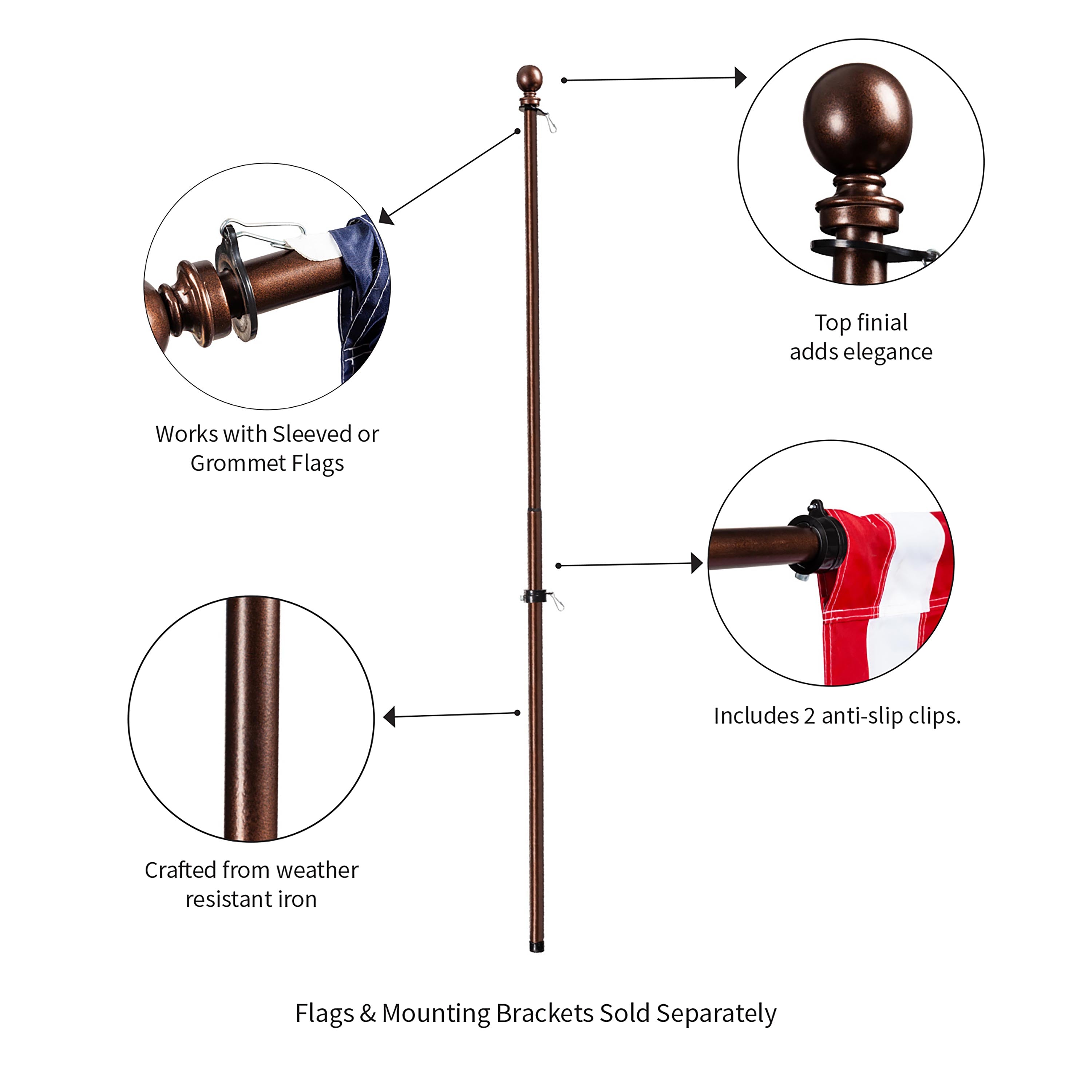 Extendable Metal House Flag Pole, Bronze - Sports Gifts, Sports Memorabilia, Sports Collectibles, Fan Shop