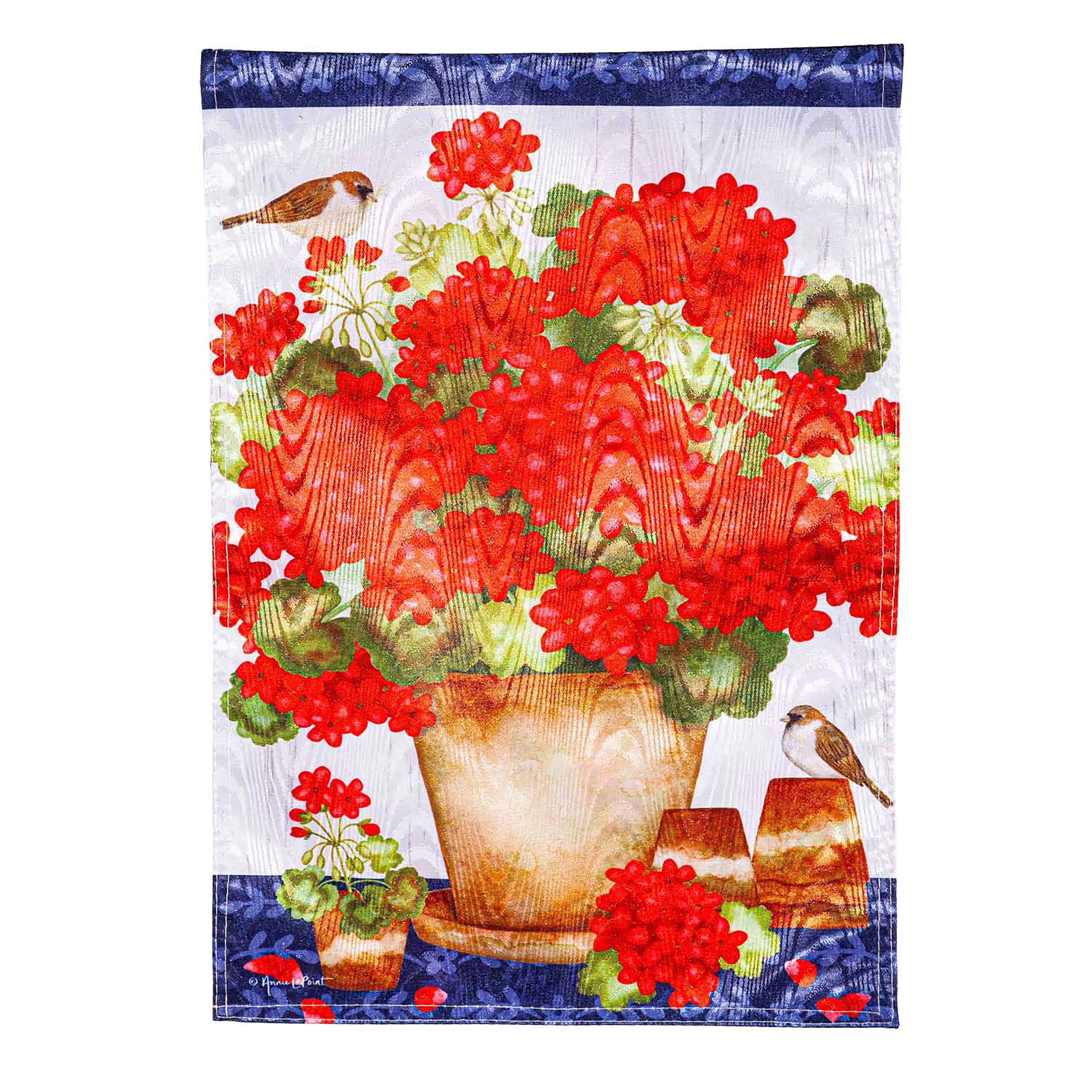 Red Geraniums Moire House Flag - Sports Collectibles, Sports Memorabilia, Sports Fan Shop, Sports Gifts