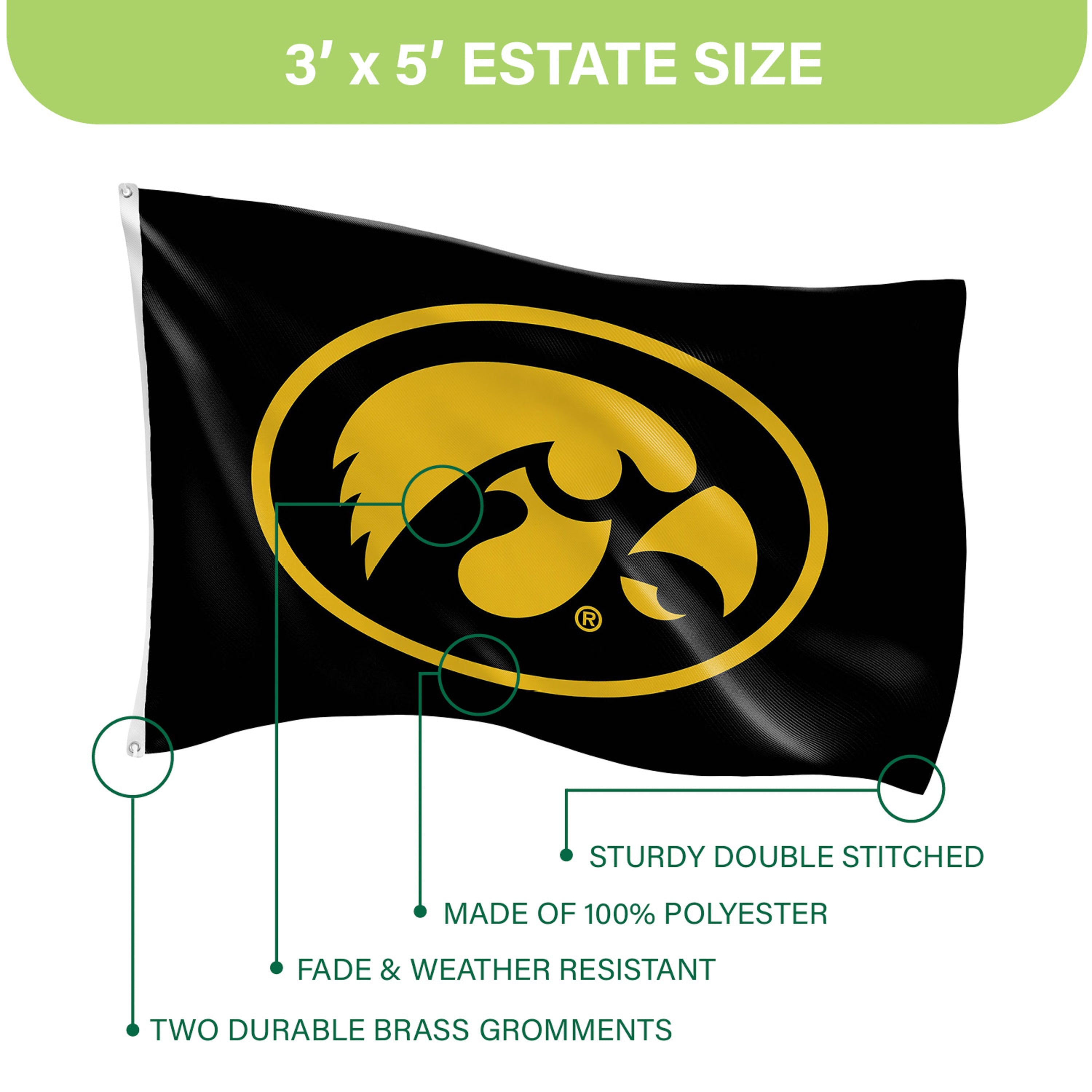 University of Iowa Single Sided Estate Flag with 2 Grommets, 3'x5' - Sports Gifts, Sports Memorabilia, Sports Collectibles, Fan Shop