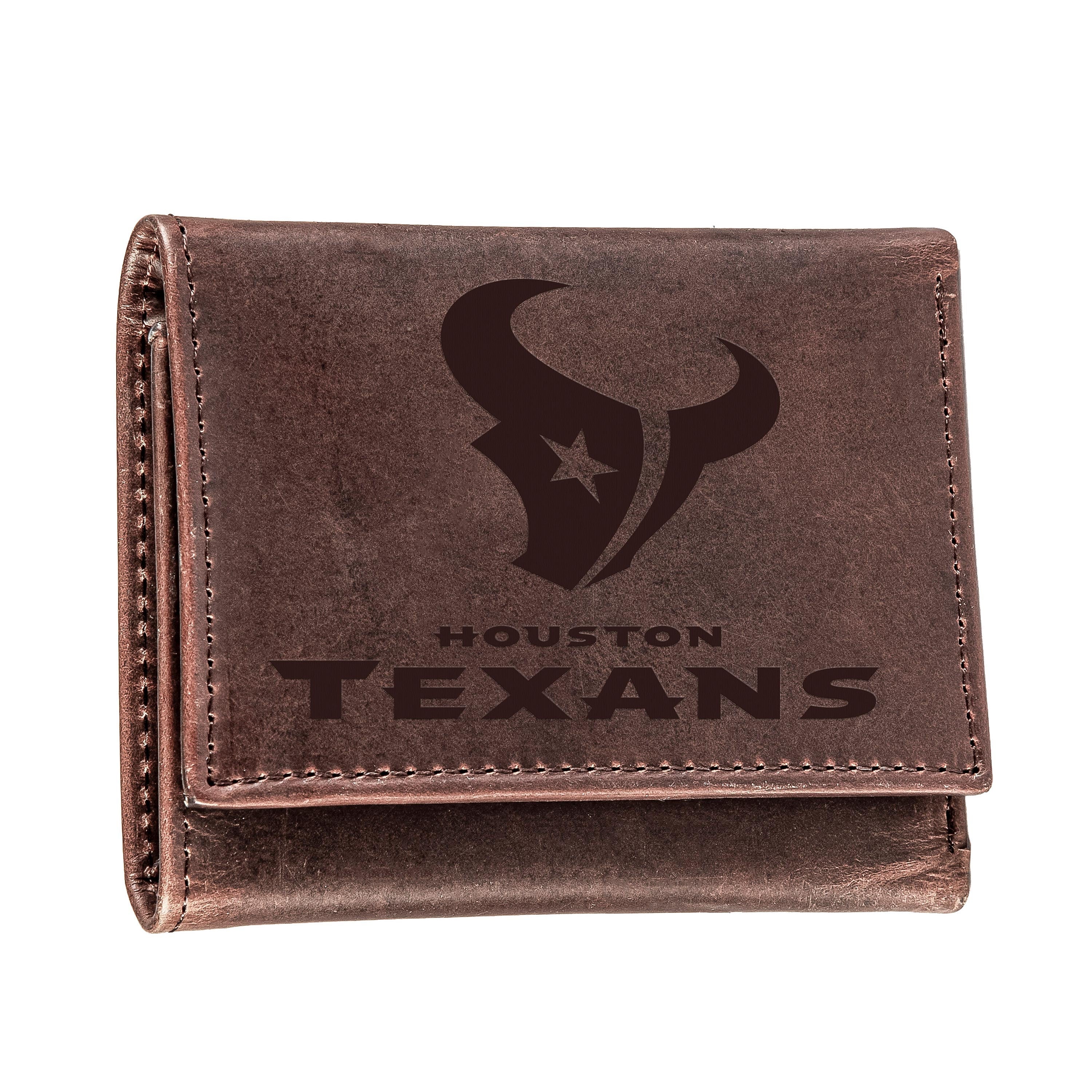 Houston Texans, Tri-Fold Wallet, Brown, CH, 100% Genuine Leather - Sports Collectibles, Sports Memorabilia, Sports Fan Shop, Sports Gifts