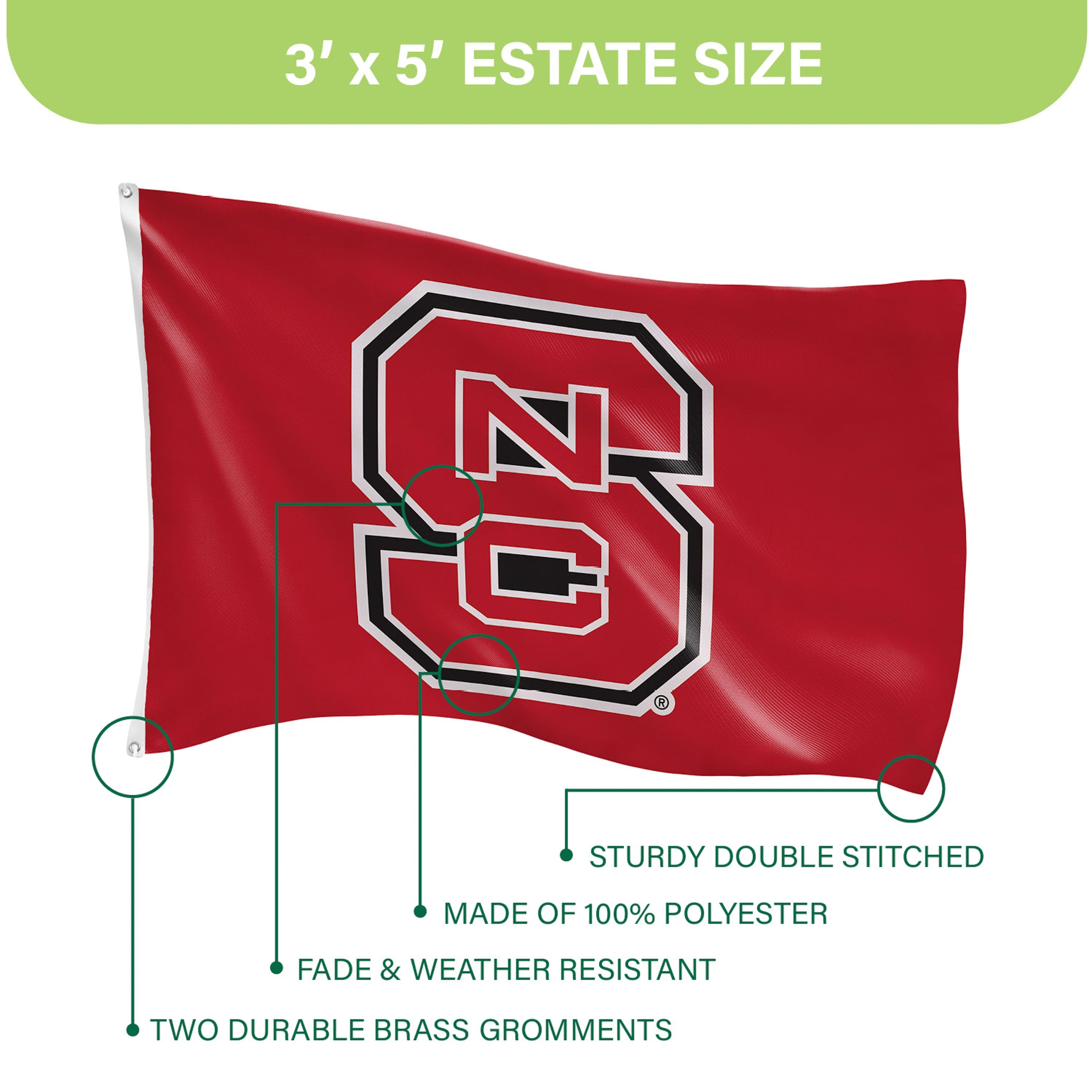 3'x5' Single Sided Flag w/ 2 Grommets, North Carolina State University - Sports Gifts, Sports Memorabilia, Sports Collectibles, Fan Shop