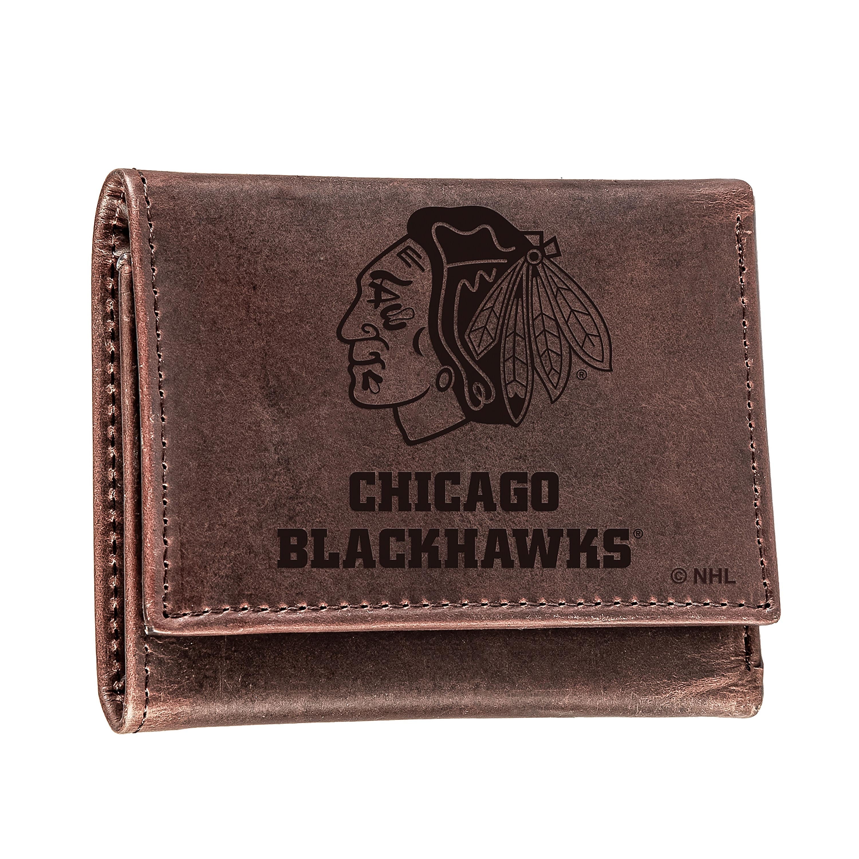 Chicago Blackhawks, Tri-Fold Wallet, Brown, CH, 100% Genuine Leather - Sports Collectibles, Sports Memorabilia, Sports Fan Shop, Sports Gifts