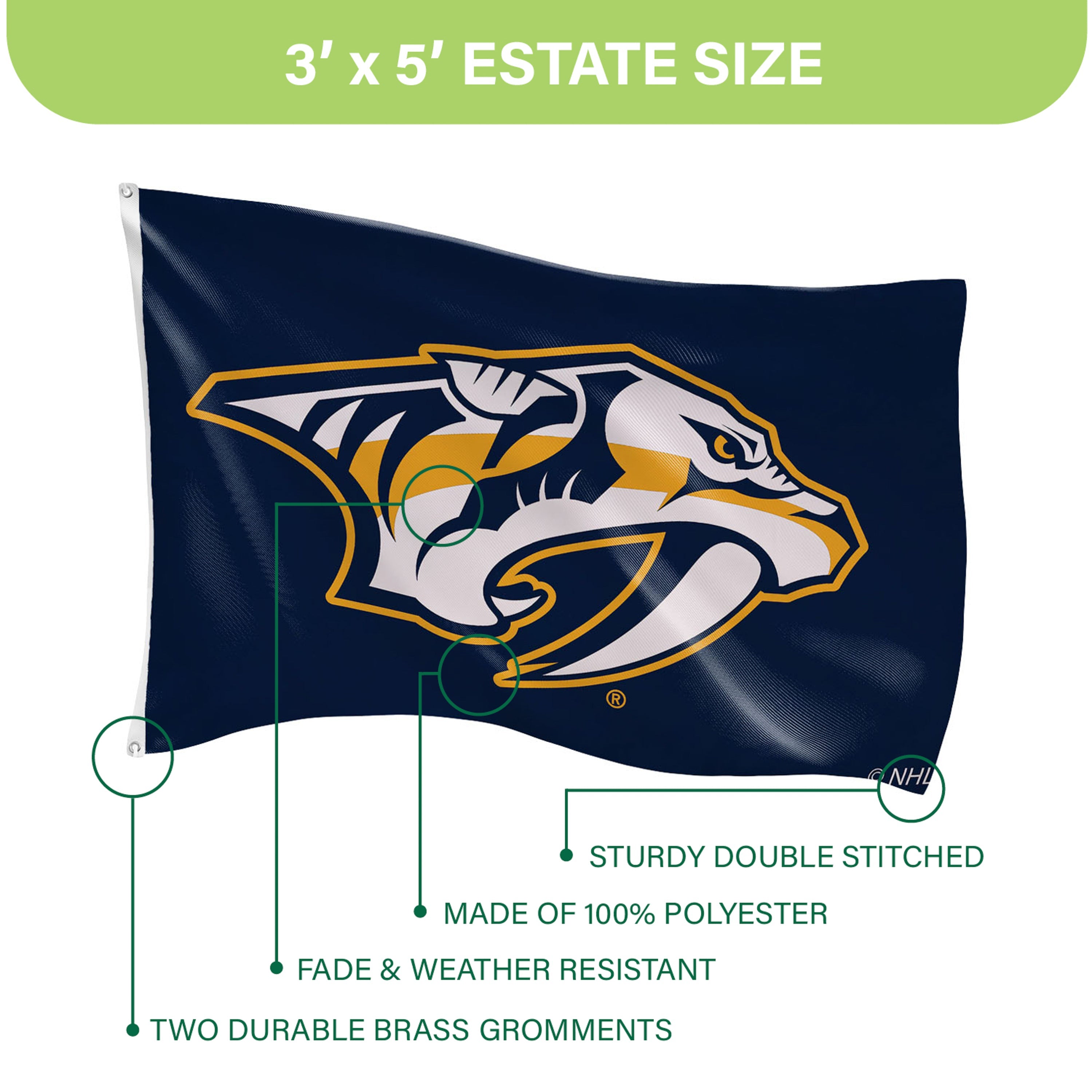 3'x5' Single Sided Flag w/ 2 Grommets, Nashville Predators - Sports Gifts, Sports Memorabilia, Sports Collectibles, Fan Shop