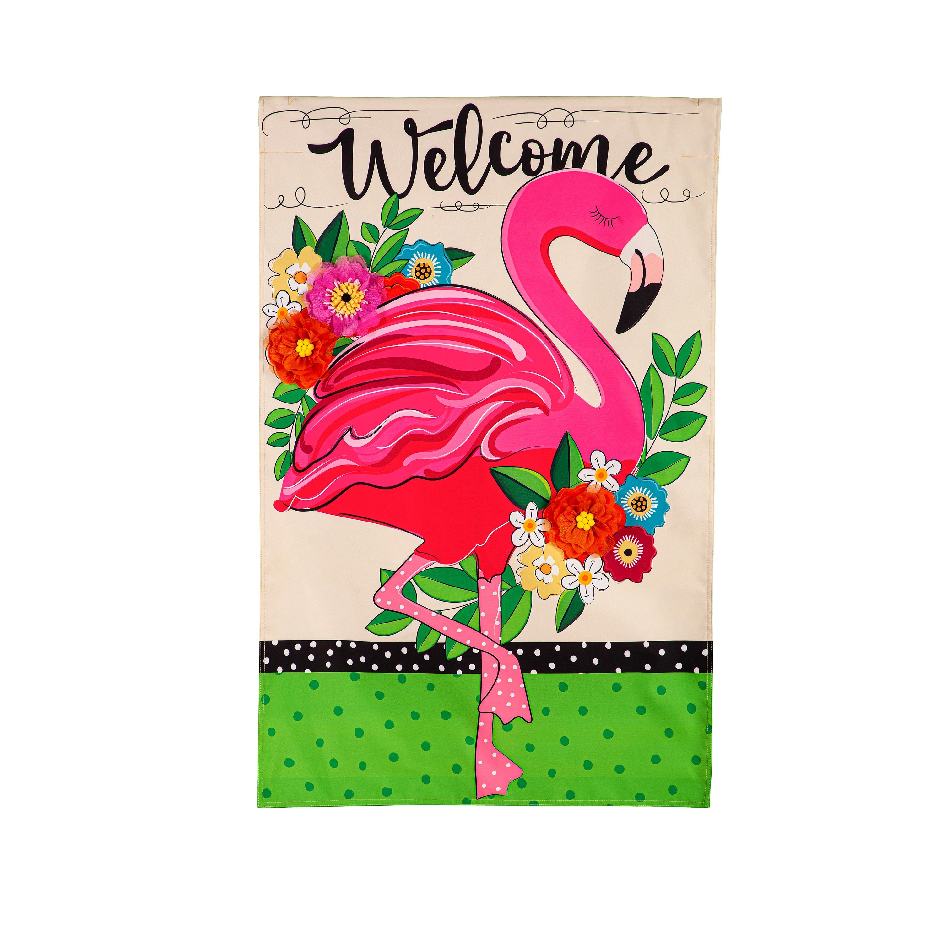 Floral Flamingo Welcome Linen House Flag - Sports Collectibles, Sports Memorabilia, Sports Fan Shop, Sports Gifts