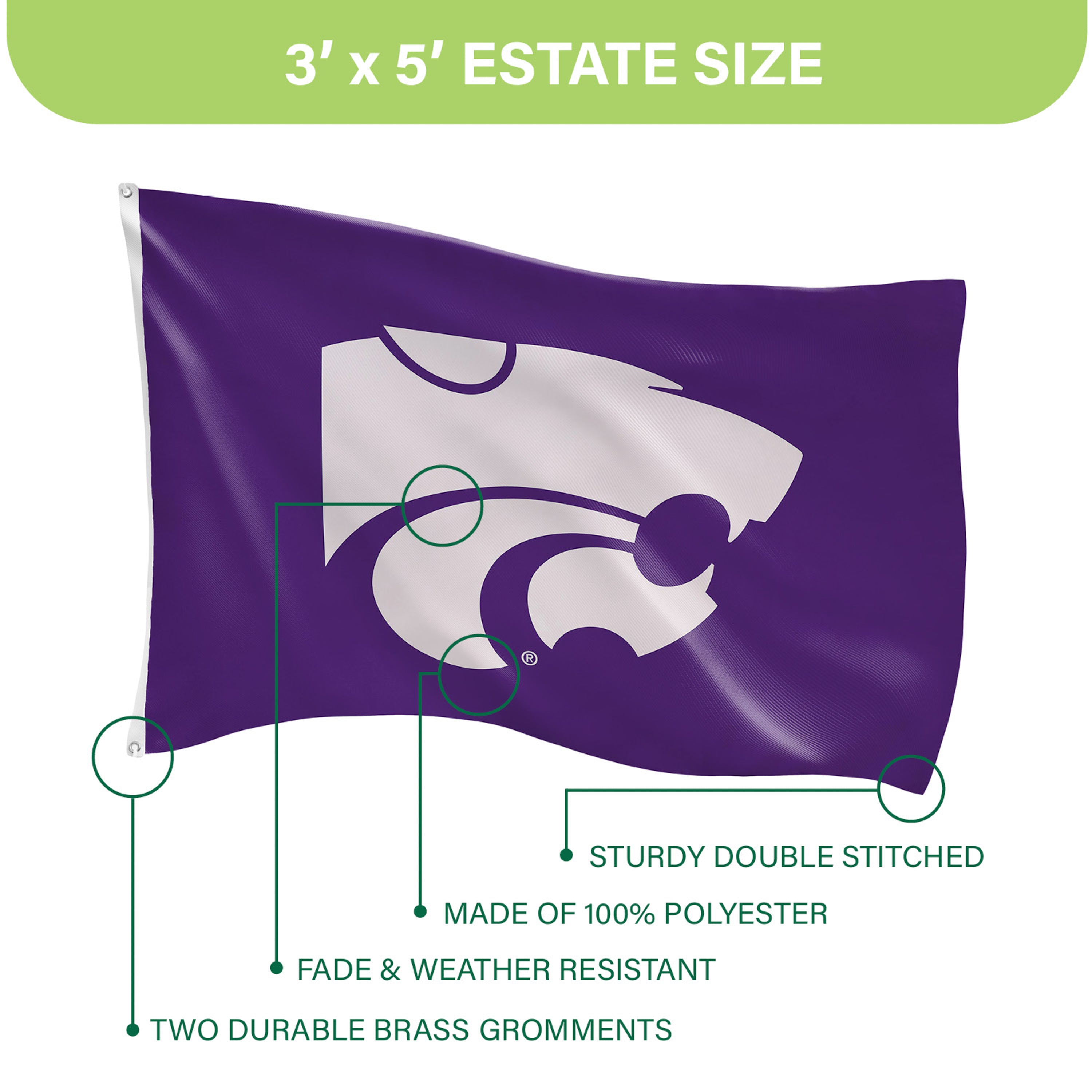Kansas State University Single Sided Estate Flag with 2 Grommets, 3'x5' - Sports Gifts, Sports Memorabilia, Sports Collectibles, Fan Shop