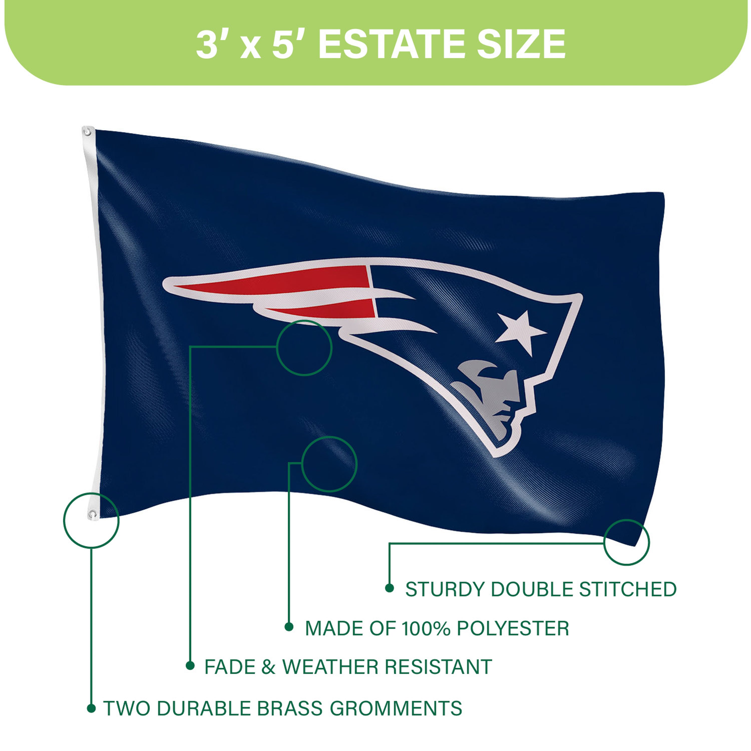 3'x5' Single Sided Flag w/ 2 Grommets, New England Patriots - Sports Gifts, Sports Memorabilia, Sports Collectibles, Fan Shop