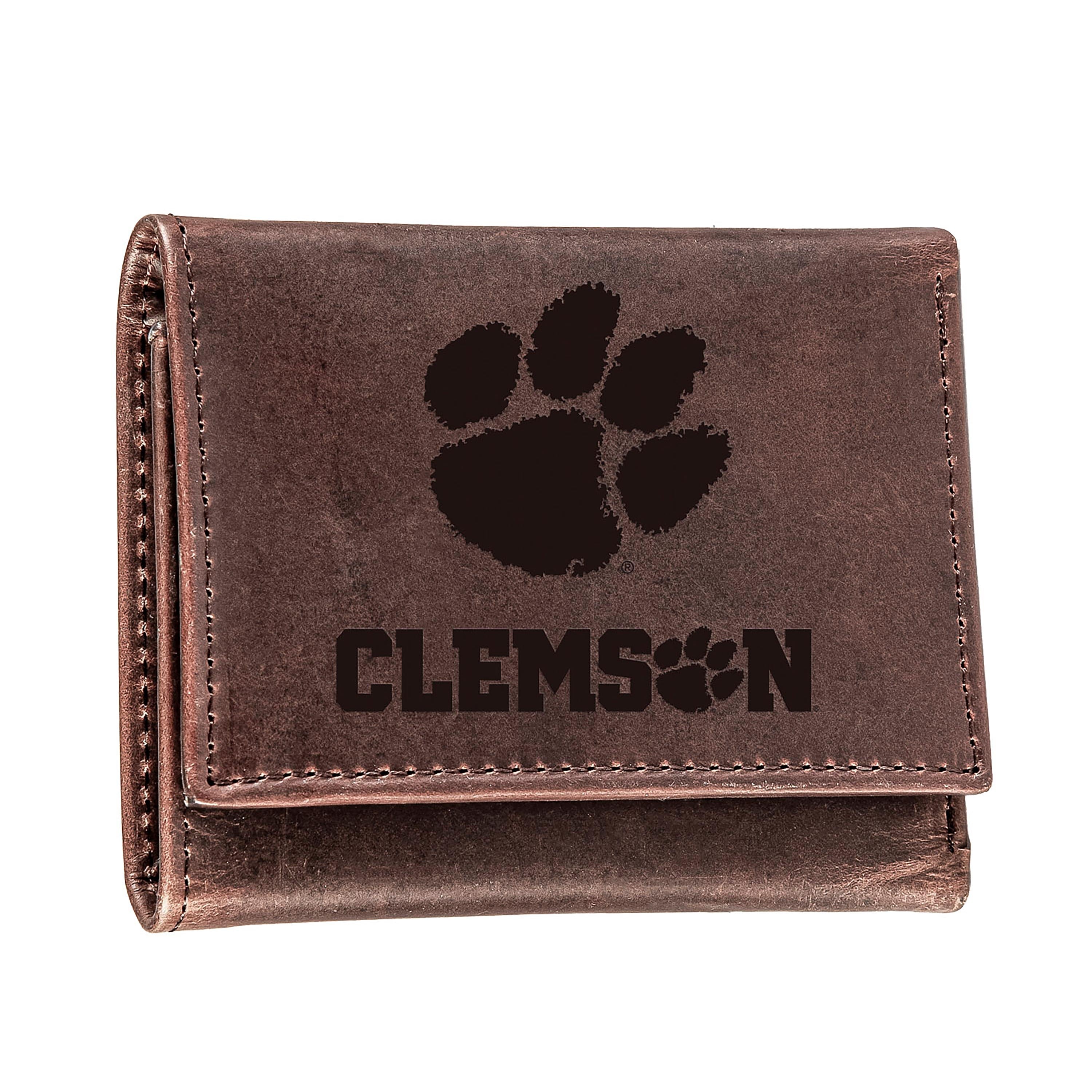 Clemson University, Tri-Fold Wallet, Brown, CH, 100% Genuine Leather - Sports Collectibles, Sports Memorabilia, Sports Fan Shop, Sports Gifts