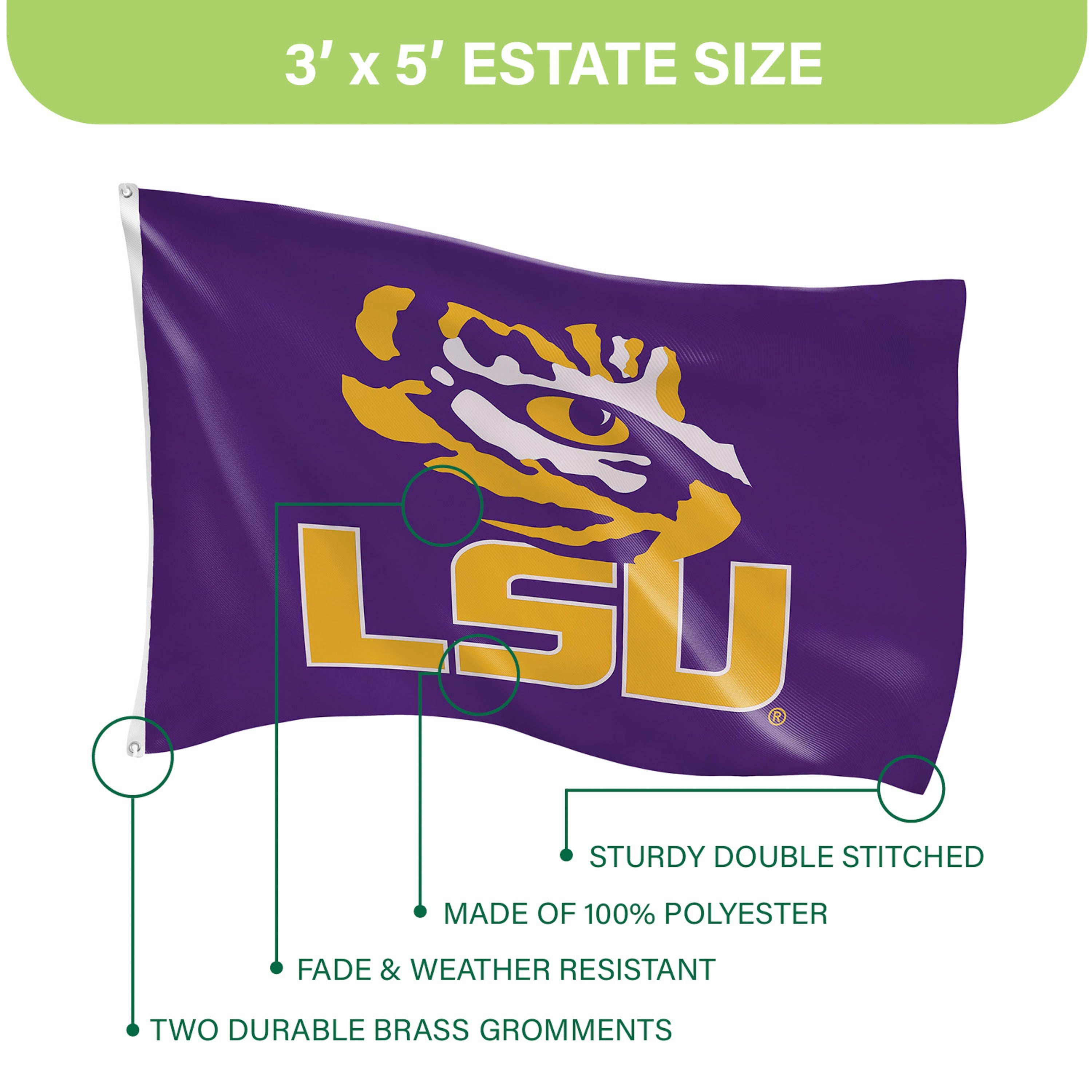 Louisiana State University Single Sided Estate Flag with 2 Grommets, 3'x5' - Sports Gifts, Sports Memorabilia, Sports Collectibles, Fan Shop